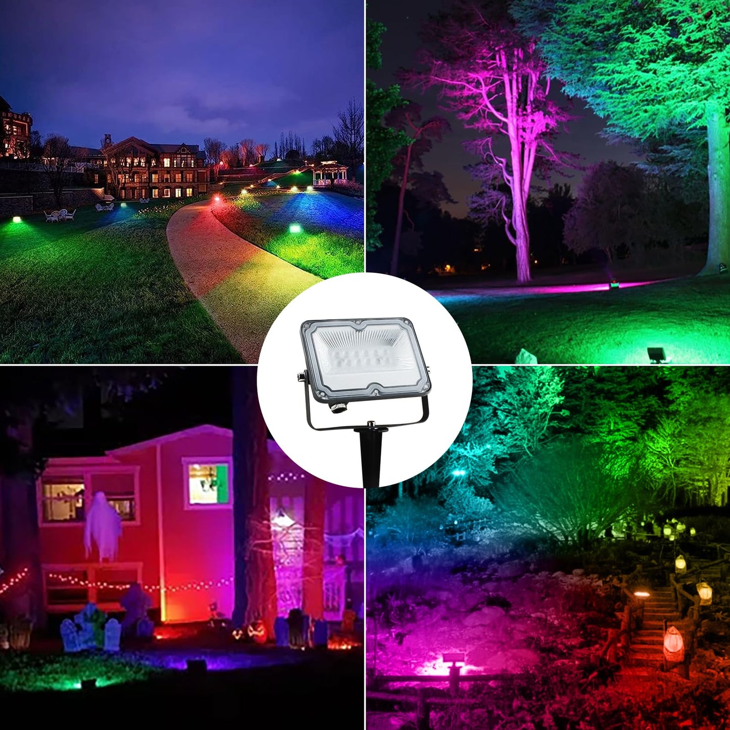 BOSITE RGB LED floodlights 10W, 4 pack, outdoor floodlights IP66 waterproof, LED garden lighting for yard, garden, tree, landscape, lawn, pathway (24V)