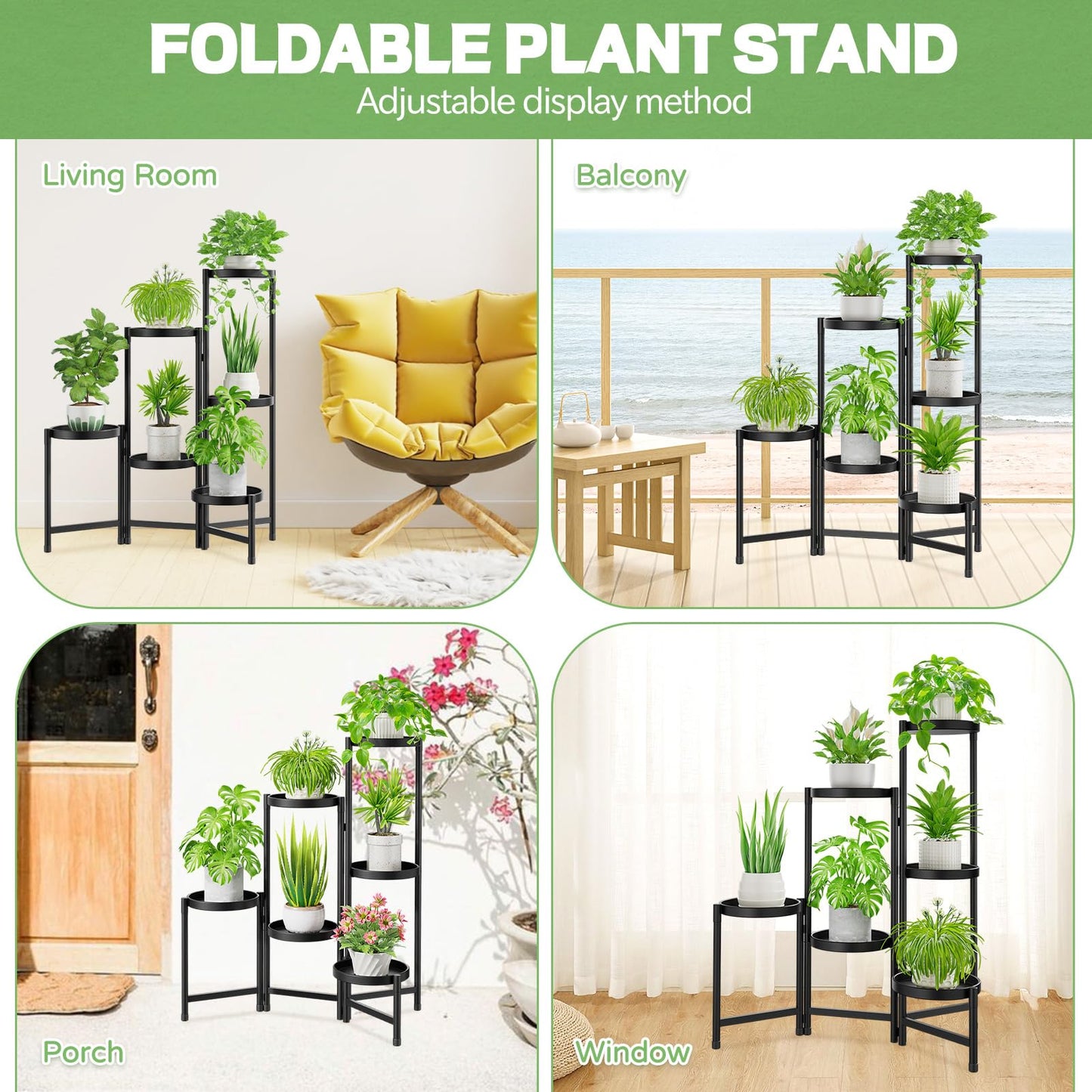 JC-Houser 6-Tier Plant Stand Flower Stand Metal, Plant Rack Flower Shelf Corner Indoor Outdoor, Foldable Flower Ladder Plant Stairs Plant Stand for Garden Balcony Living Room (Black)