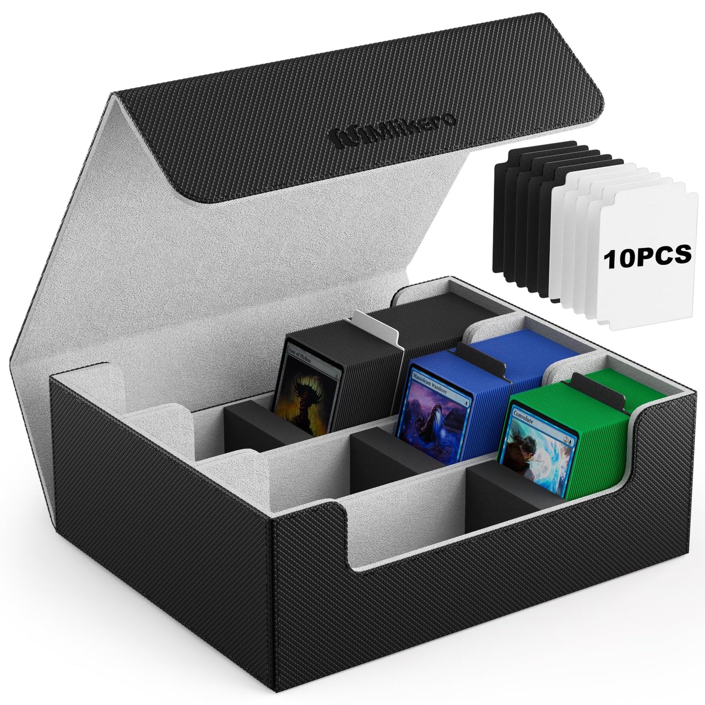 Mlikero card storage box holds 1800+ cards, magnetic deck box fits MTG and sports cards, premium Commander deck box with 10 compatible card dividers.
