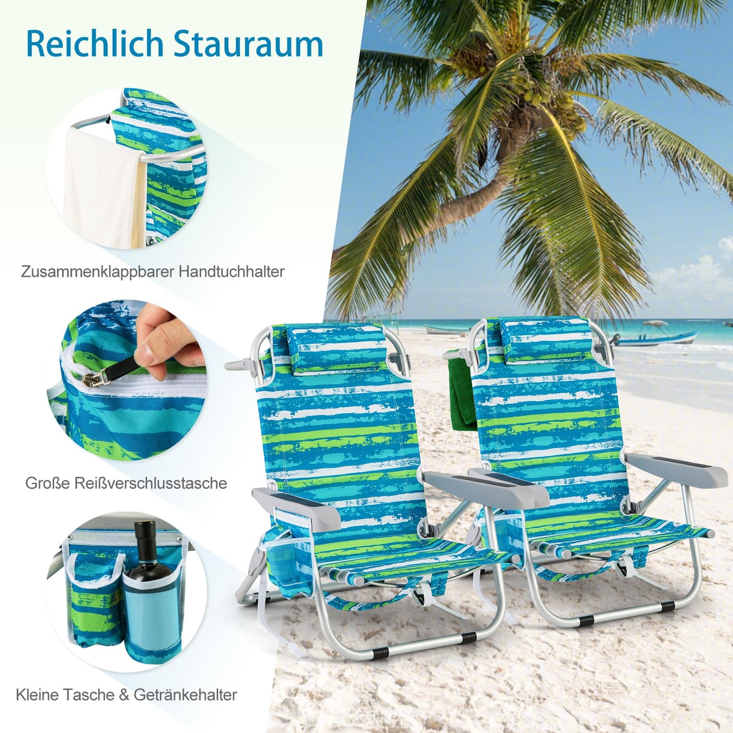 COSTWAY beach chairs foldable light, set of 2, camping chairs with adjustable backrest, headrest, side pockets, shoulder straps, towel holder & armrests, folding chairs, outdoor chairs