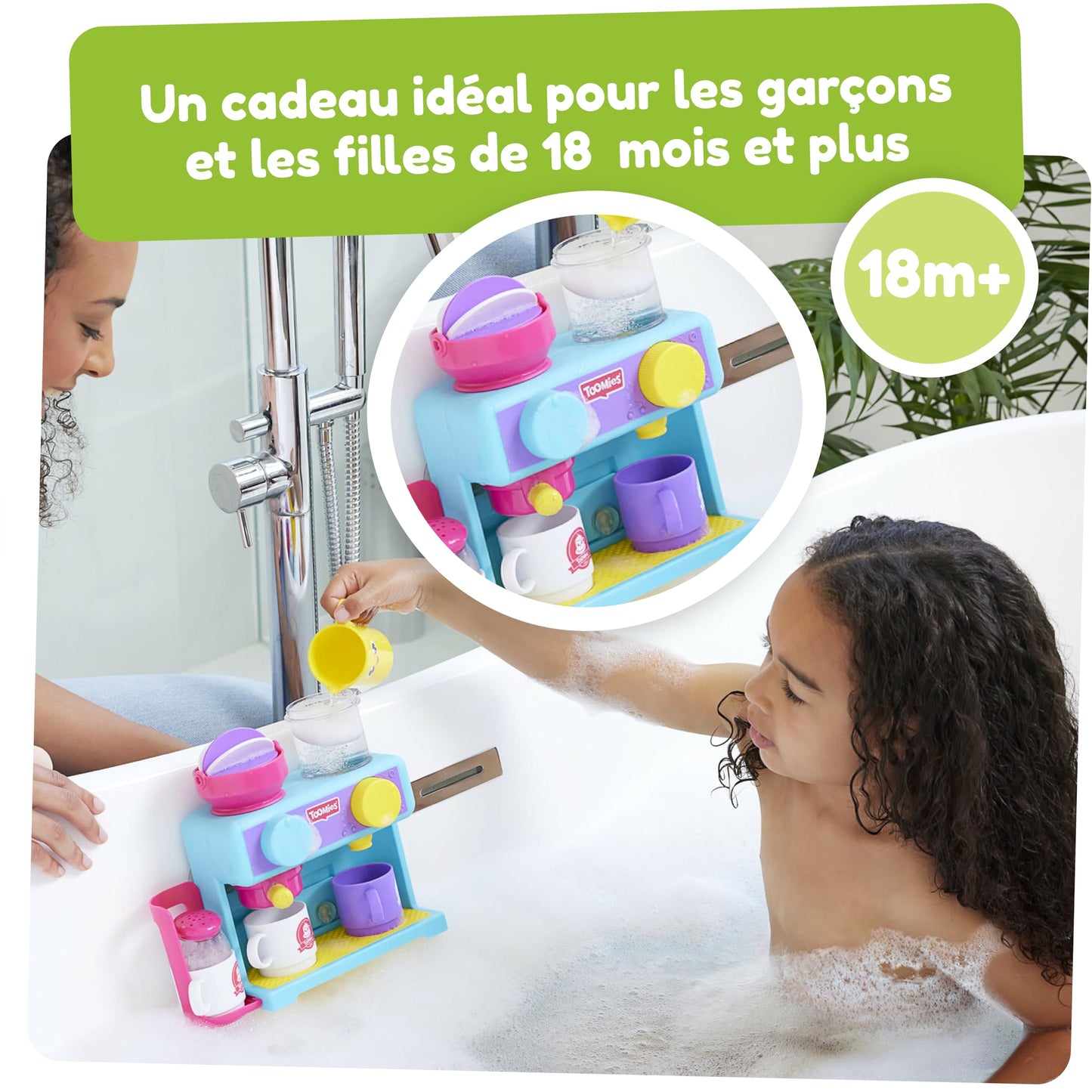 Tomy Toomies Bath Barista - Wall-mounted baby bath toy as a café & foam bath play kitchen for toddlers - Kitchen set: 3 cups, 1 jug, 1 shaker - for girls & boys aged 18 months and up.