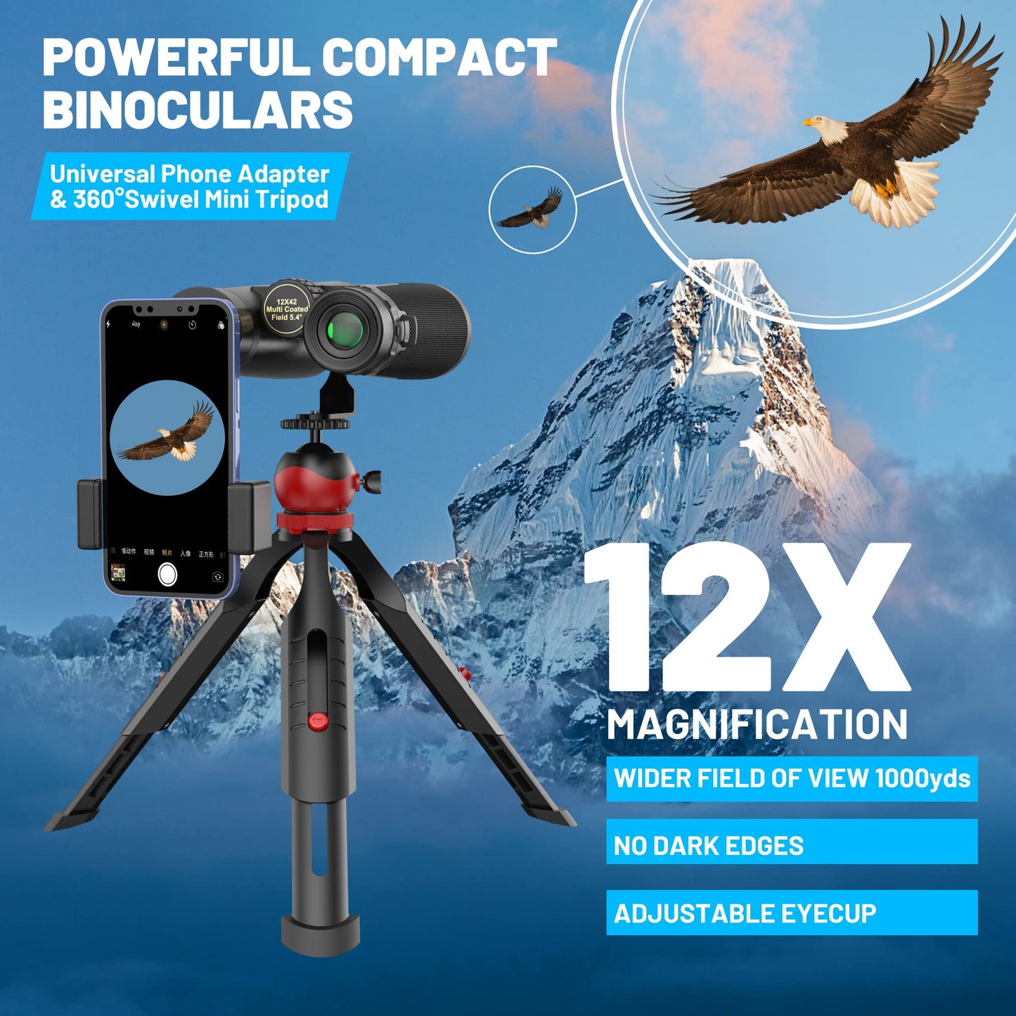 Adult binoculars, Kylietech 12x42 binoculars with tripod, Waterproof bird-watching binoculars with BaK-4 prisms, FMC lens, phone adapter for photography, star gazing.