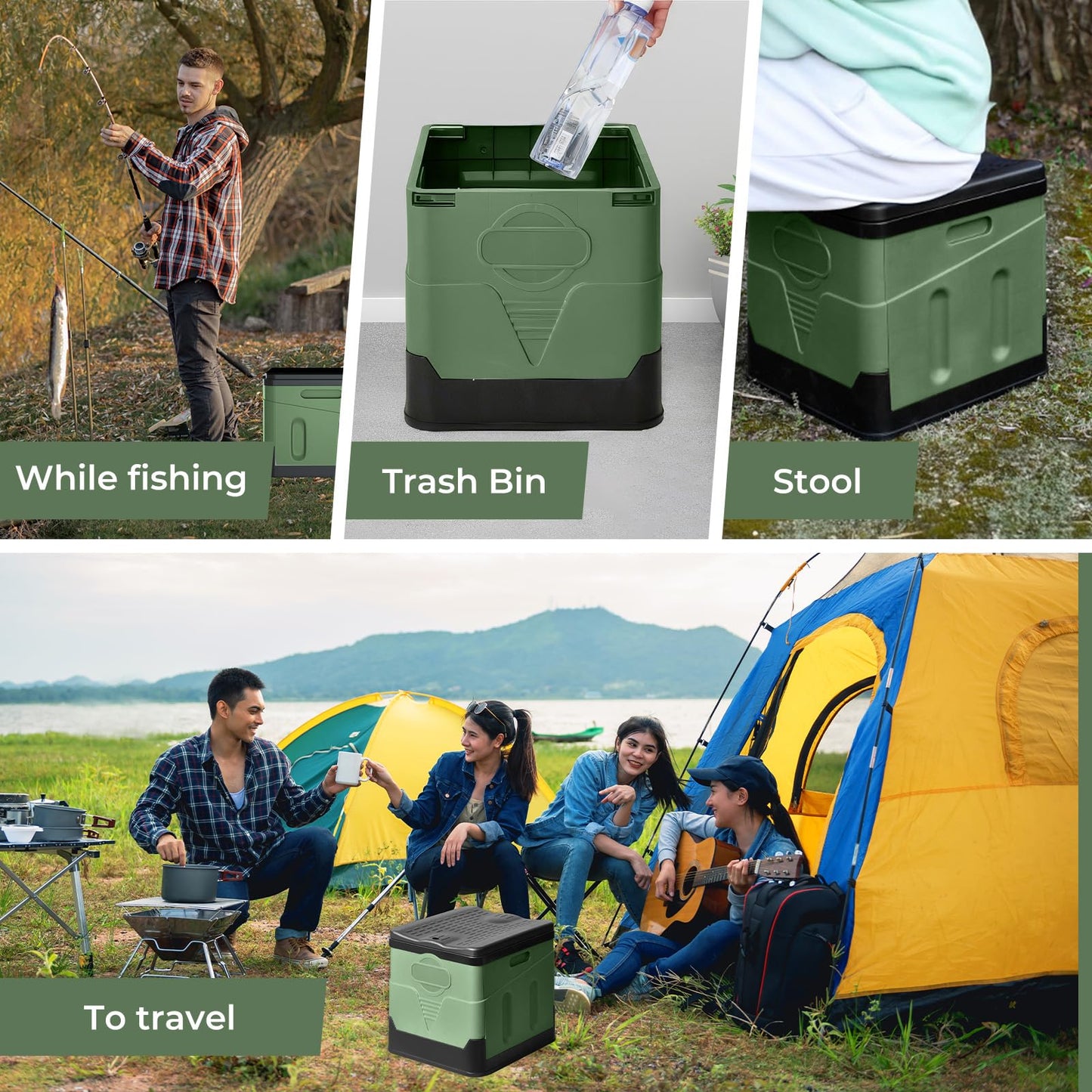 SaiXuan Portable Folding Toilet Set, 25L Capacity, Supports up to 150KG, 24 Trash Bags,Carry Bag, Toilet Seat Cushion, Portable Toilet for Camping, RV, Hiking (Military Green)