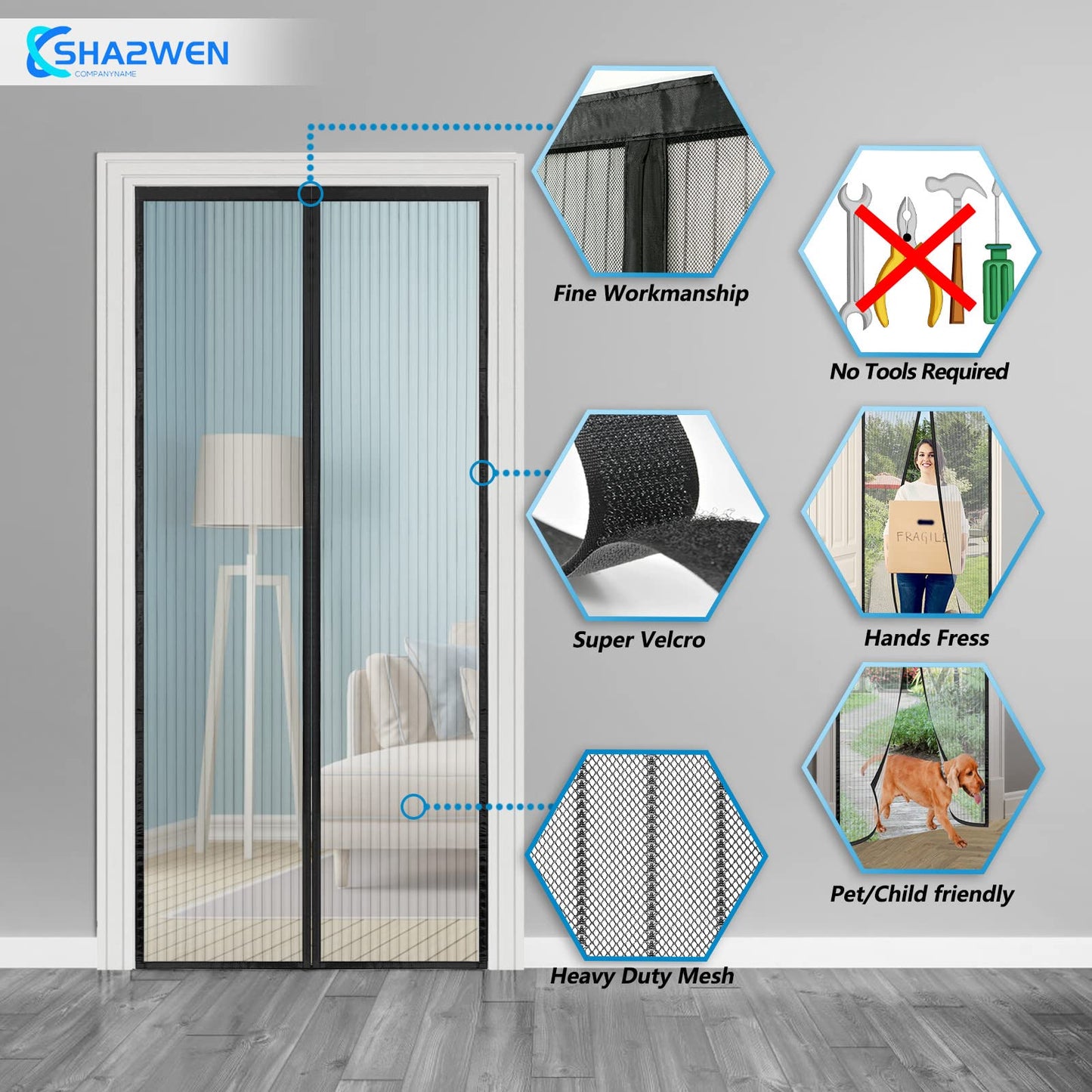 Mesh Screen Door 160x210, SHA2WEN Black Screen Door, Enjoy the summer with your family.