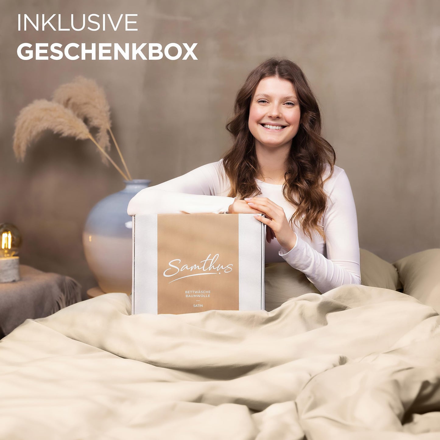 Samthus bed linen 155x220 cotton satin - Oeko-Tex Made In Green - Heavenly soft sleep - Bedding set with 1x duvet cover 155x220 + 1x pillowcase 80x80 - Duvet Cover - Beige