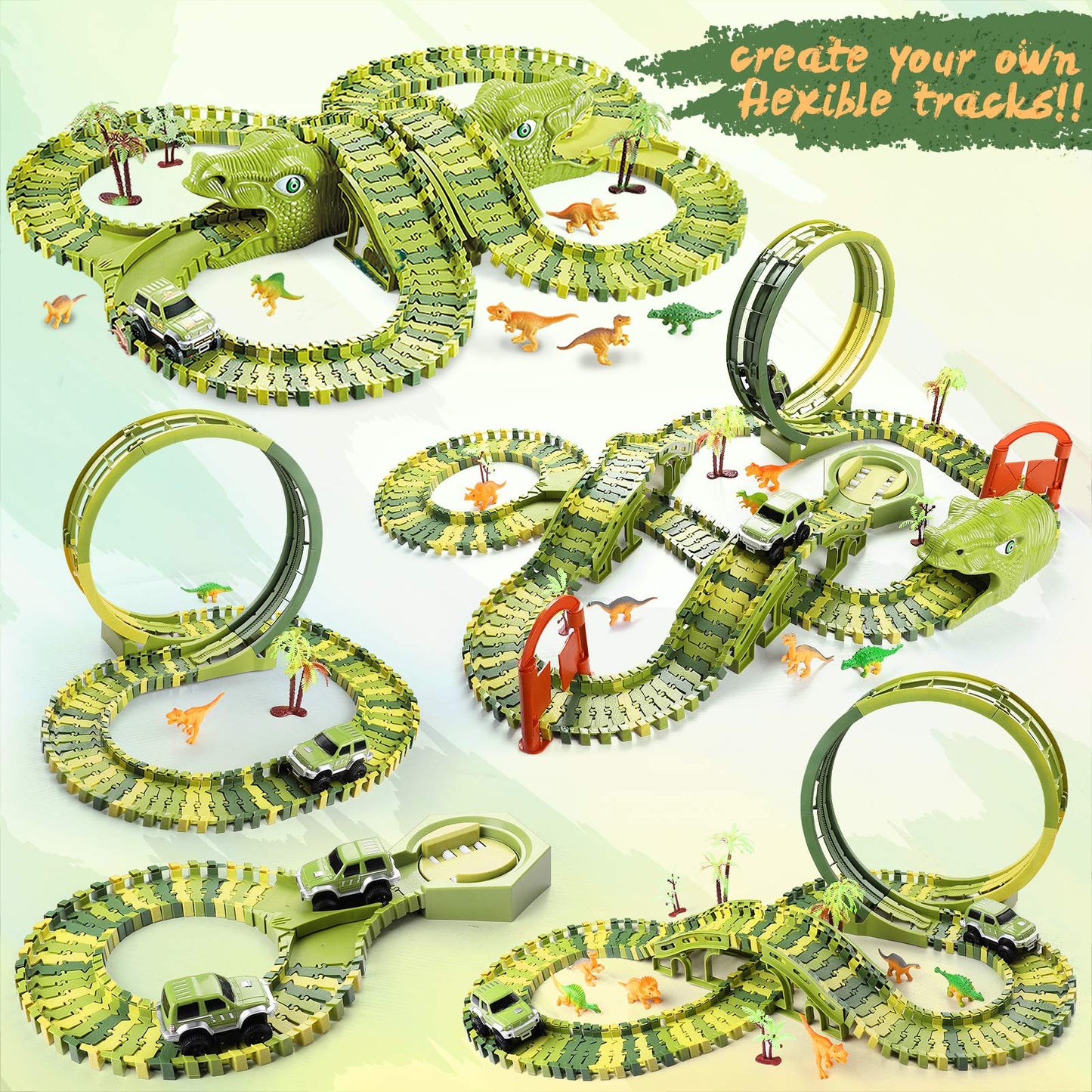 Burgkidz Dinosaur Race Track Play Vehicles Toy Set, 387 Pieces of Flexible Dino Tracks with 360 Loop and Car Turntable Playset, 2 Race Cars, Gift for Kids 3+ years old.