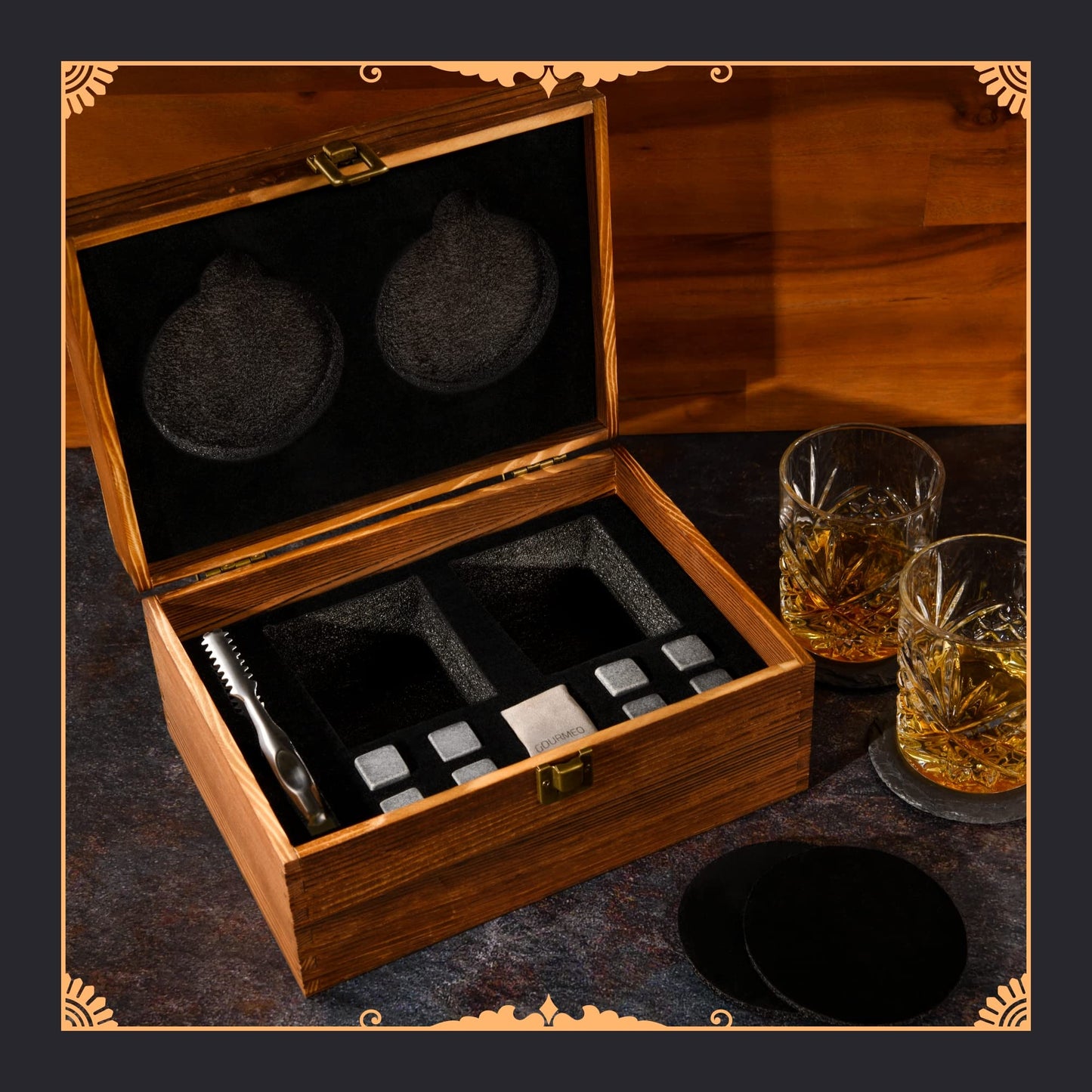 GOURMEO Whiskey Glass Set with Whiskey Accessories Stones - 2 Whiskey Glasses & 8 Cooling Stones - Whiskey Gift Set with Stainless Steel Tongs - Whiskey Gift Set for Men.