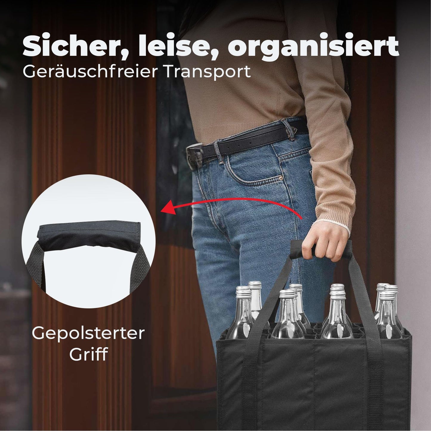 Achilles bottle holder with 12 compartments for 1.5 liters each. Tear-resistant bottle carrier with Velcro fastening. Foldable with dividers for water bottles, wine, and beer. Black.