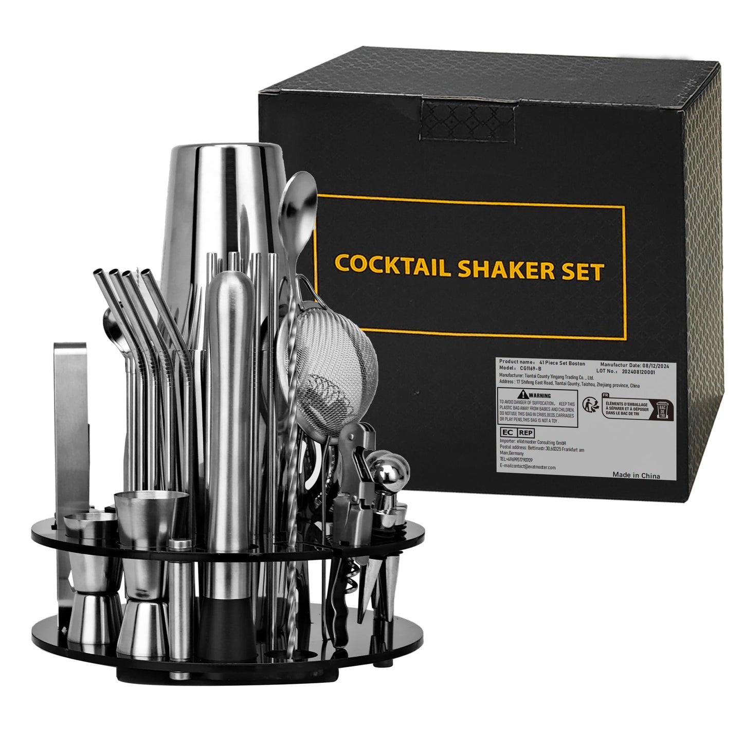 CKductpro Cocktail Set, 41-piece stainless steel Cocktail Shaker Set, 360° rotating acrylic stand, Bartender Set Bar Gift Set (41-Piece)