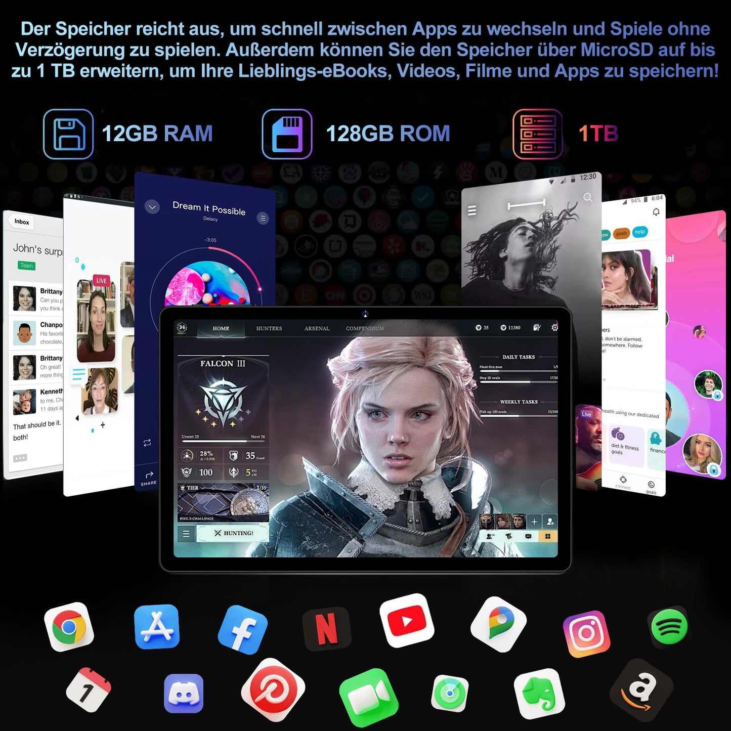 GOODTEL 2024 Latest Tablet 10 Inch Android 13 with 12GB RAM + 128GB ROM 1TB TF, 5G + 2.4G WiFi, GPS, Bluetooth 5.0, 6000mAh, Dual Camera 8+5MP, Cast, OTG, Type C, with case, keyboard & mouse - Black