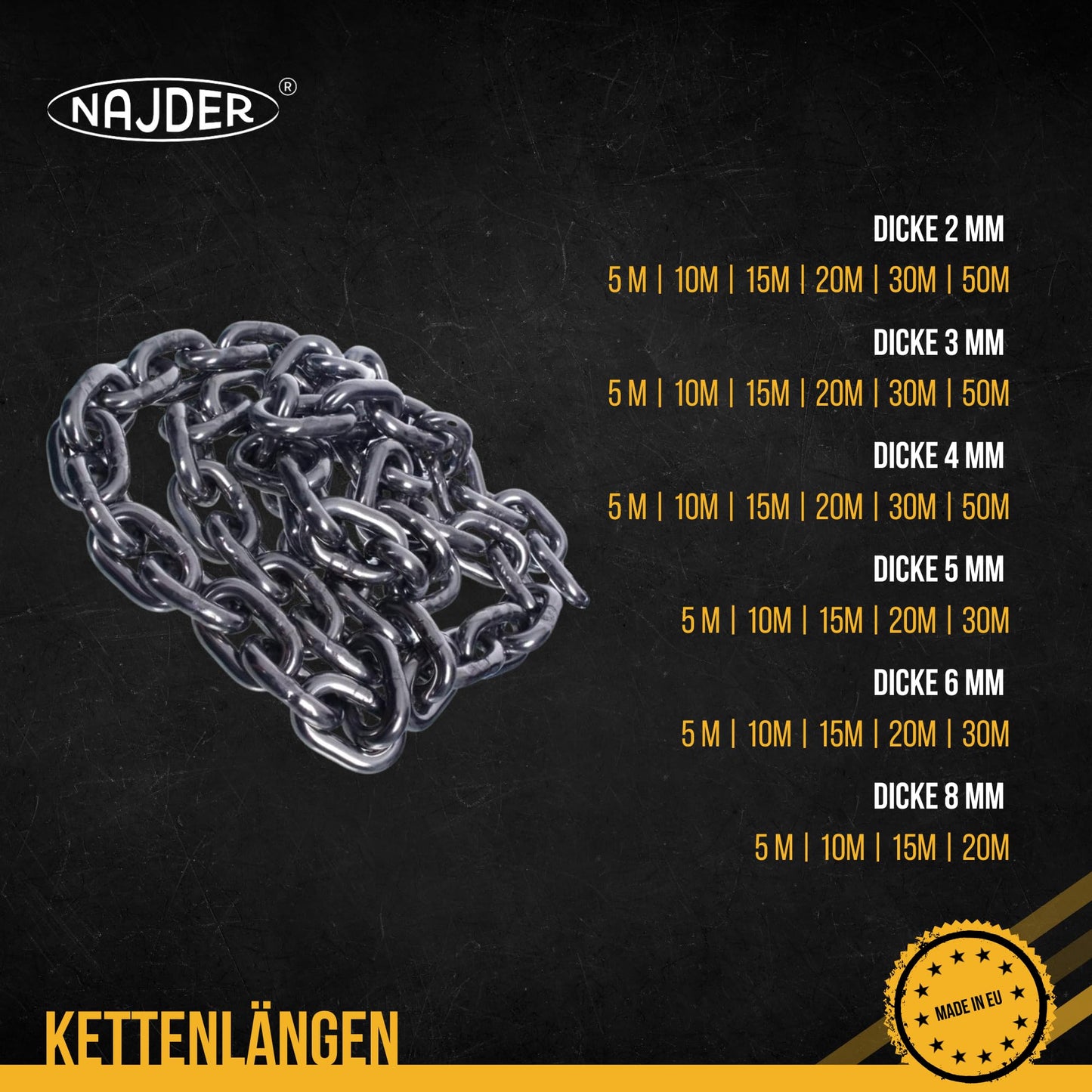 NAJDER stainless steel chain 5m, stainless chain, safety chain, chain for hanging chairs, barrier chains, Max 1180kg, 5mm x 5m, DIN 766, Thickness 5mm, Stainless Steel A4, Inox, AISI 316, Premium Quality