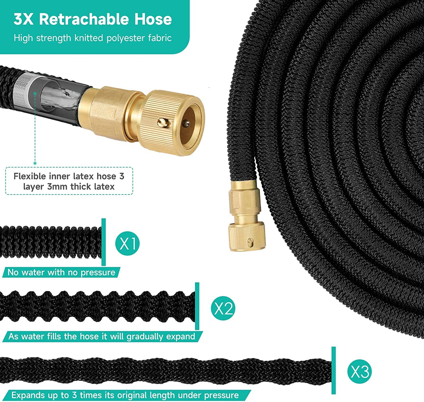 Flexible garden hose 30m with 8 function garden hand spray nozzle. Flexible garden hose 3/4 inch & 1/2 inch with hose hook storage bag. Water hose for garden, pet, car wash. Black.