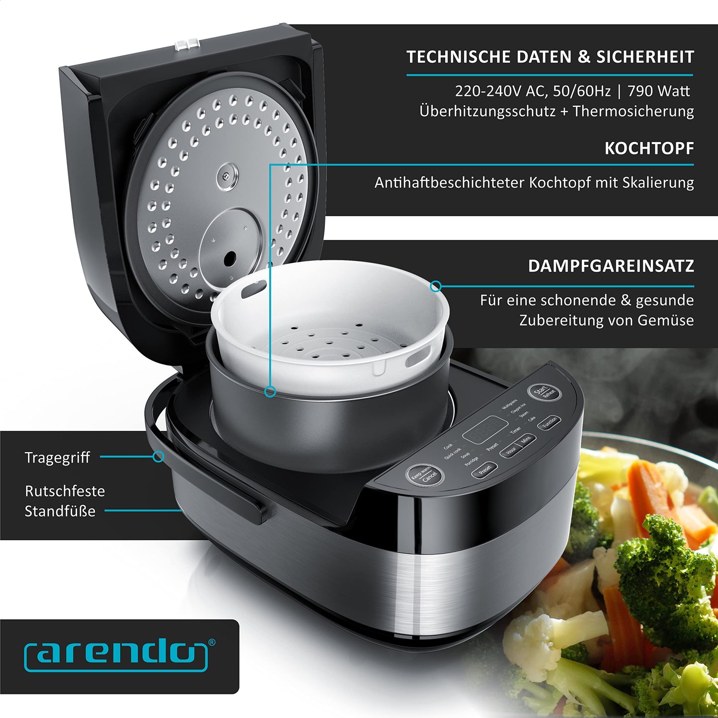 Arendo - Rice Cooker Multicooker Digital and Steamer 4L - 3D Heating System - 8 Programs - Keep Warm Function - Timer - Non-Stick Coating - including Steaming Insert, Measuring Cup, Rice Scoop, Black