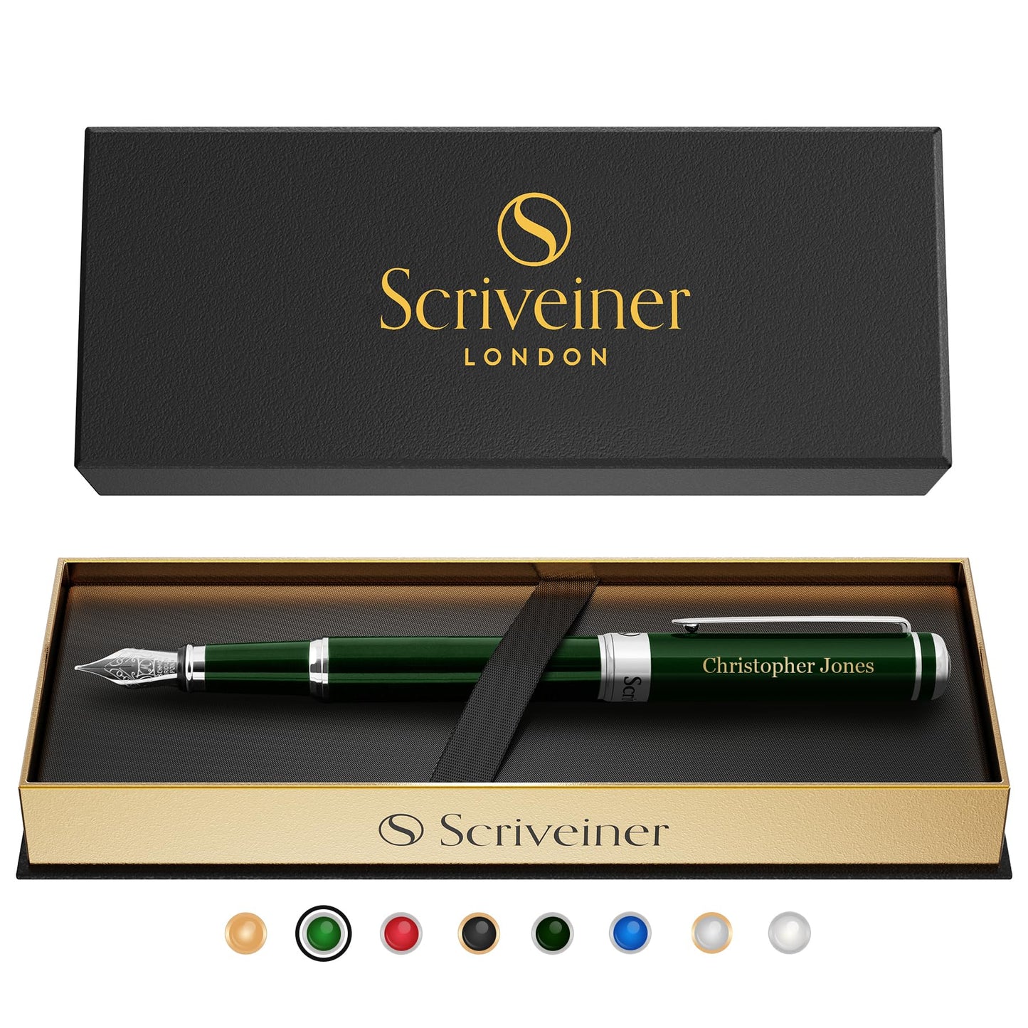 Scriveiner British Racing Green Personalized Pen - Stunning Green Lacquer Luxury, Chrome Finish, German Schmidt Nib (Medium), Best Engraved Fountain Pen Gift Set, Name Engraving