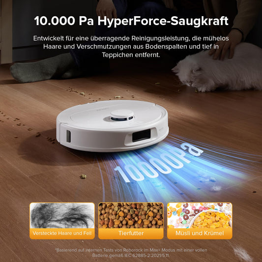 Roborock QV35S robot vacuum with mopping function, 10,000 Pa HyperForce suction power, Anti-Tangle brushes, lift-up mops, Intelligent obstacle avoidance, Multi-function docking station (White)