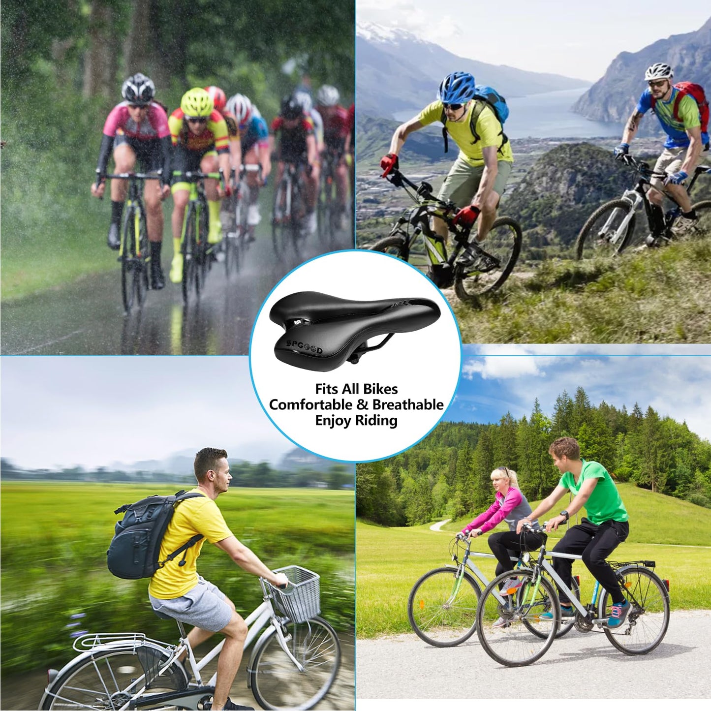 SPGOOD Bike Saddle Men Women Comfortable Wide Soft Gel Ergonomic Bicycle Seat with cover & wrench for Mountain Bike MTB Trekking Road Bike Indoor Cycling E-Bike Bicycle Seat 27*16cm