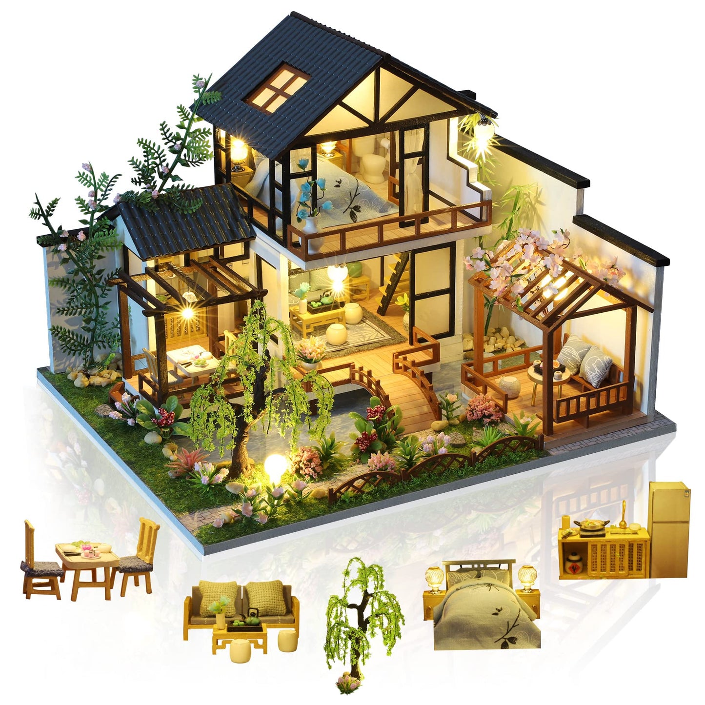 Cute and fun DIY Miniature Dollhouse Kit for building a miniature house with music, furniture, and tools. Build your own creative craft gift idea (Oriental Villa).