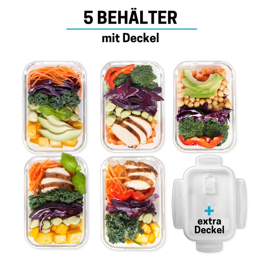 Igluu Meal Prep glass food storage containers with BPA-free lid (5-pack + 1 spare lid) - microwave, oven, freezer, dishwasher safe, leakproof - 840 ml - durable borosilicate glass.