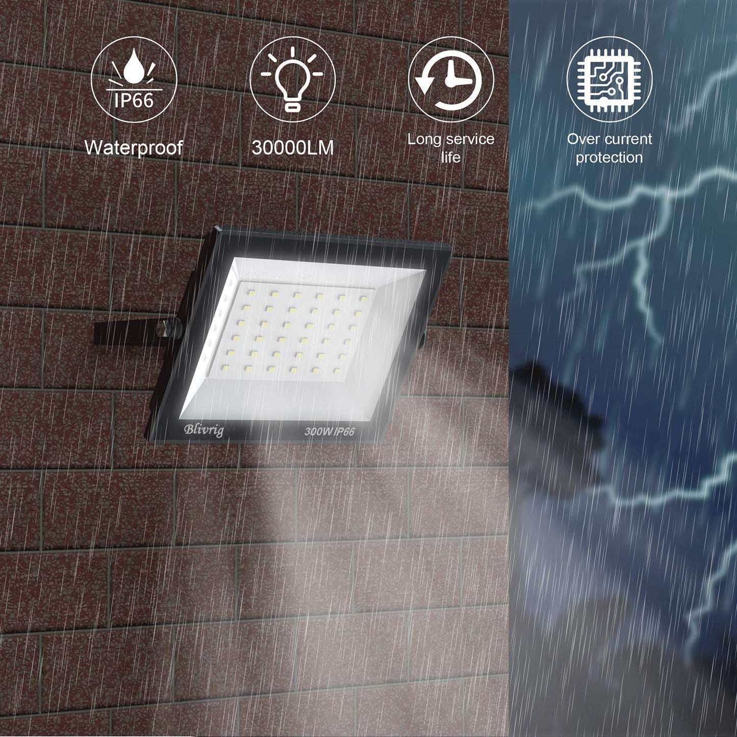 Blivrig 300W LED Floodlight Outdoor Warm White, Outdoor Floodlight, Super Bright 30000LM Floodlight, Outdoor Spotlight IP66 Waterproof, 3000K Outdoor Spotlight, Warm Floodlight, for Garden, Garage (Warm White, 300W)