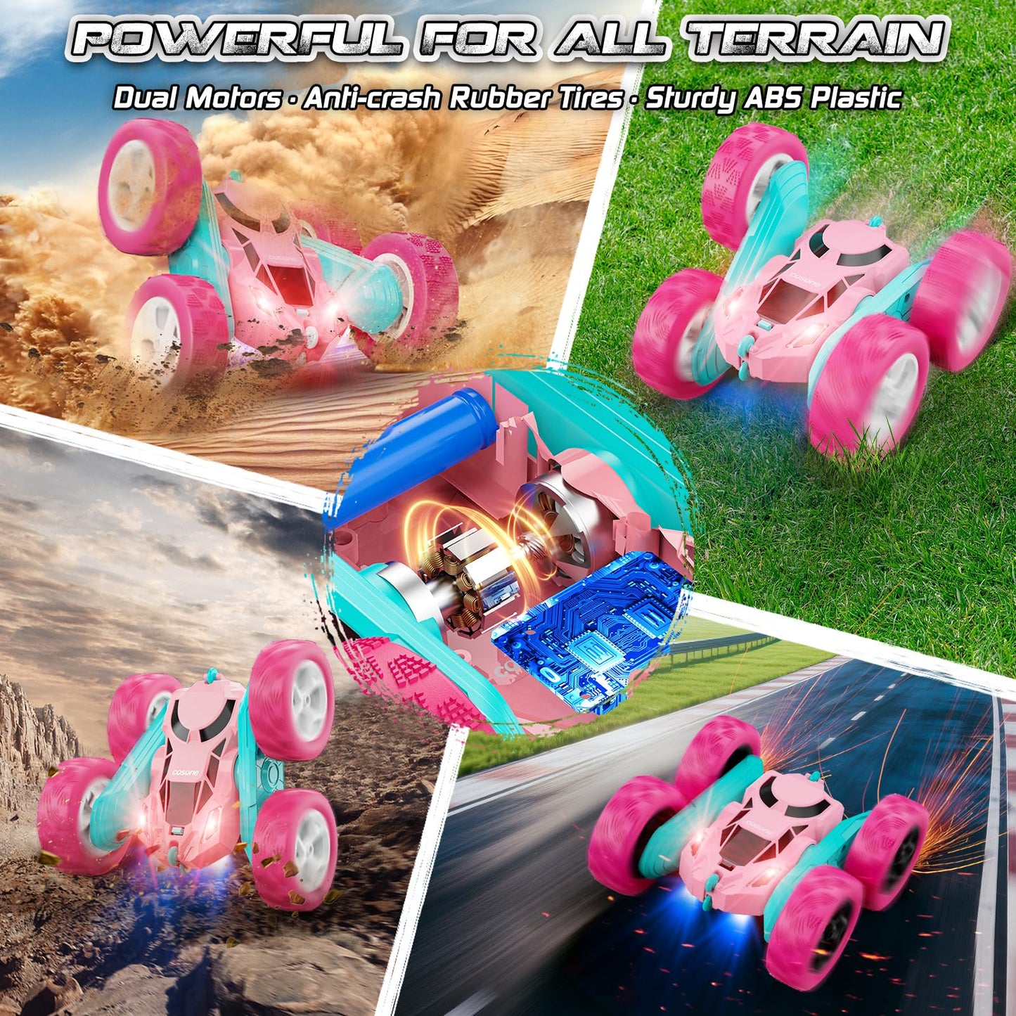 Cosone Remote Control Car for Girls, All-wheel Off-road Stunt RC Car with Headlights, Double-sided 360° Rotating Toy, Gifts for Kids 6+ (Pink)