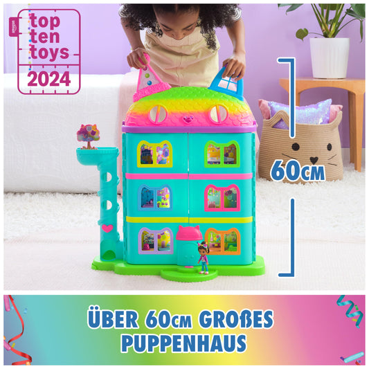 Gabby's Dollhouse, 15-piece Purrfect Party dollhouse play set in rainbow colors, over 60cm with Gabby figure, furniture, and sound effects, for ages 3+.
