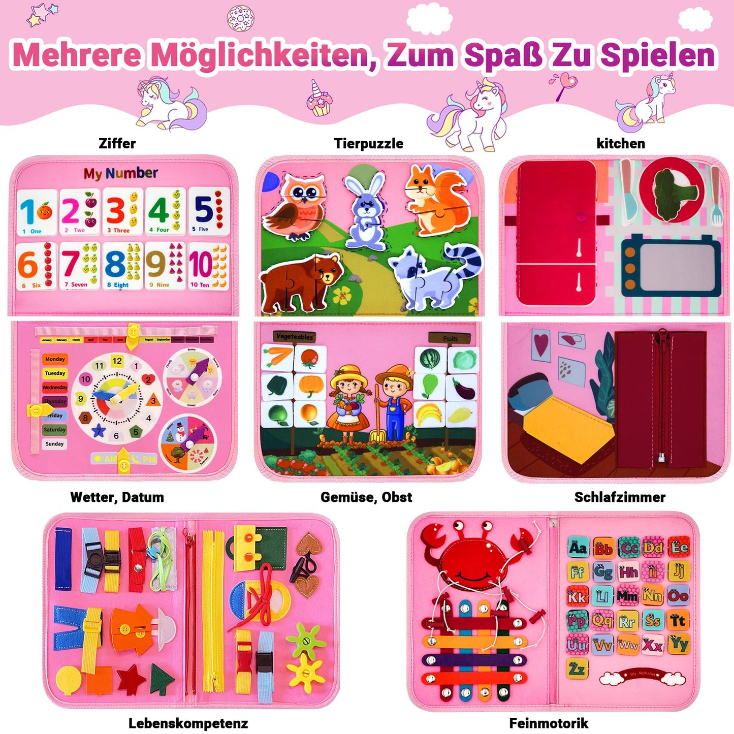 RunHero Busy Board Montessori Toy for Baby 1 Year and Up, Quiet Book Activity Board, Motor Skills Toy, Felt Book Sensory Toy, Birthday Gift for 1-5 Year Old Boys and Girls (Pink)