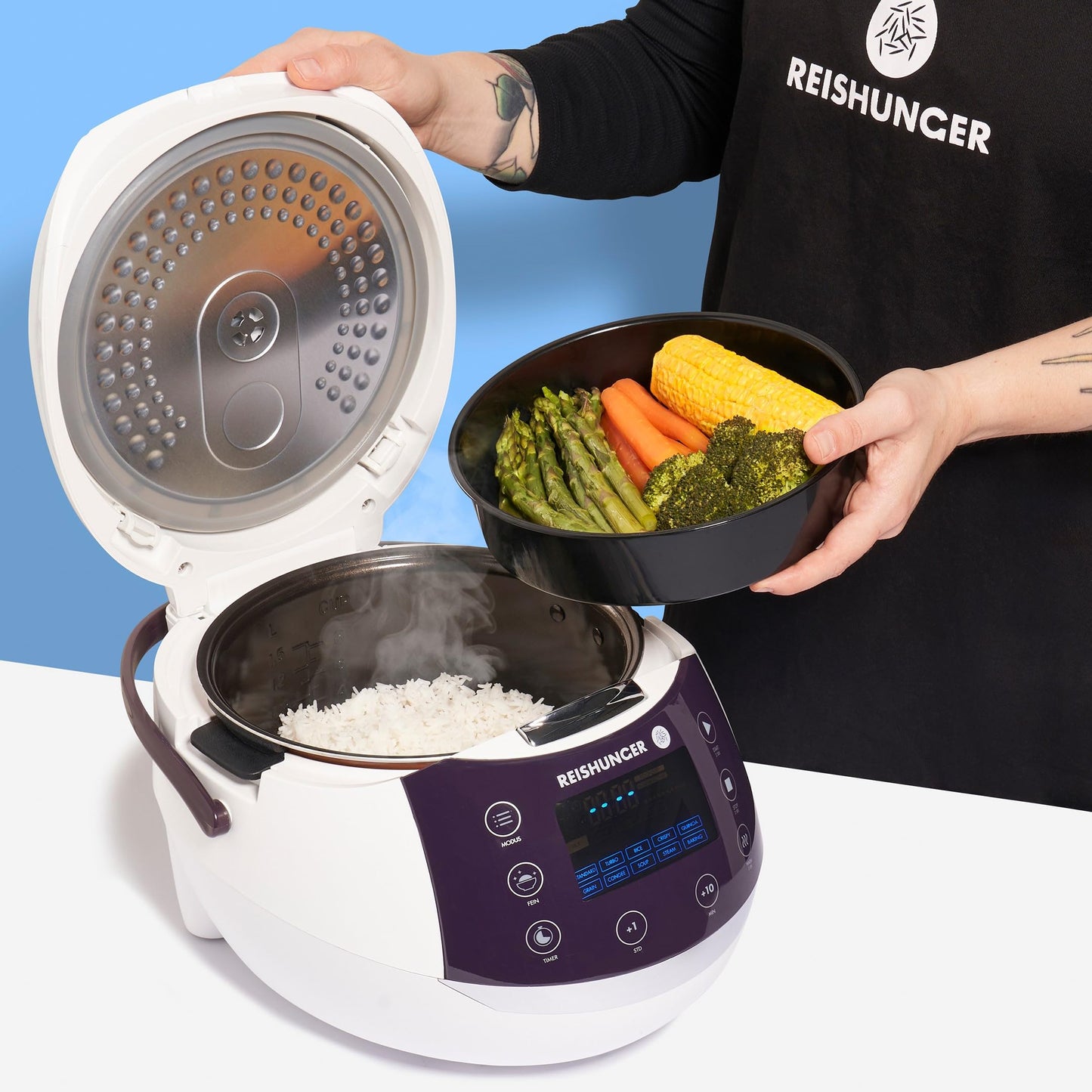 REISHUNGER Digital Rice Cooker & Steamer White | 1.5 L up to 8 people | Keep Warm function, Timer & Premium Inner Pot | Multicooker, 12 programs, 7-phase technology
