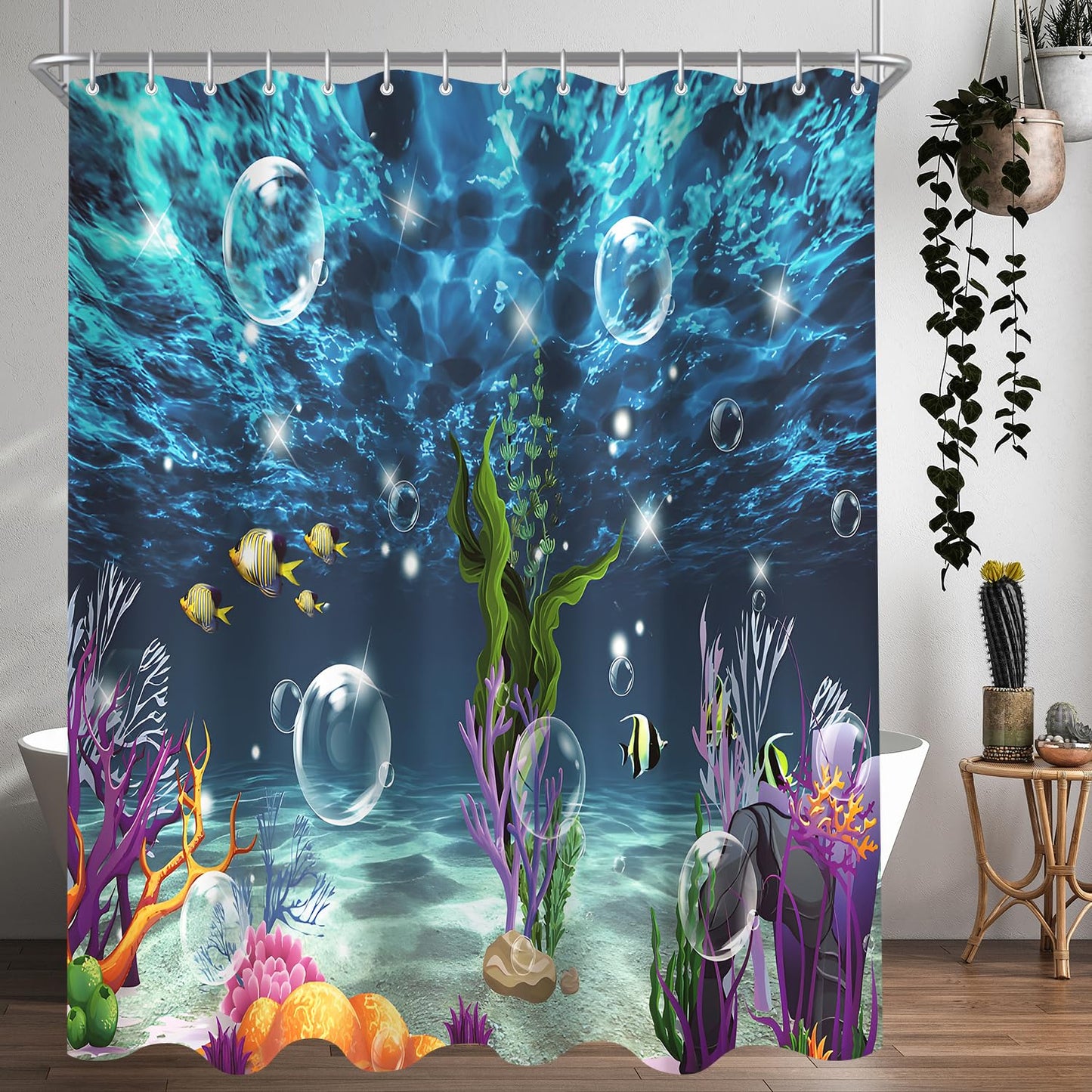 Lerores shower curtain 240x200cm colorful seabed, weighted hem anti-mold fabric, water repellent, washable polyester shower curtains with 16 eyelets and shower curtain rings for bathroom, bathtub