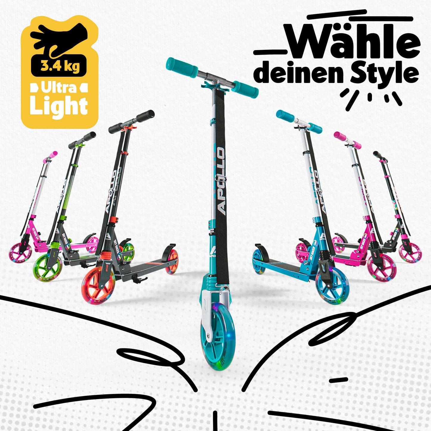 Apollo Skyracer City Scooter with LED light-up wheels | Scooter for kids 6 years and up | City scooter with suspension | Kick scooter for children and teens | foldable and adjustable height