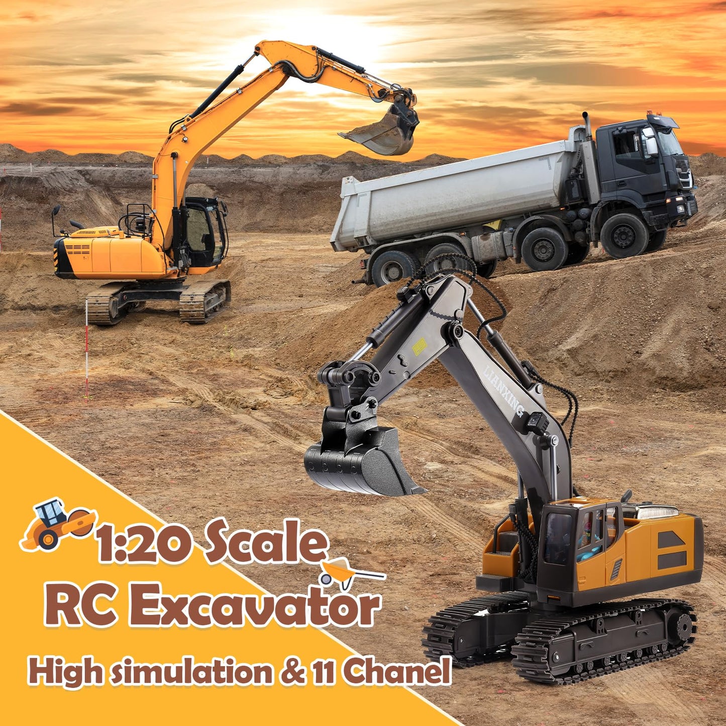 HappyGoLucky 1:20 Remote Controlled Excavator Toy For Boys Ages 3 4 5 6 7 8, 680° Rotating Rc Excavator With Lights Gift Boy 4 5 6 7 8 Years, Outdoor Toy Kids Toy For Ages 3-9 Years.