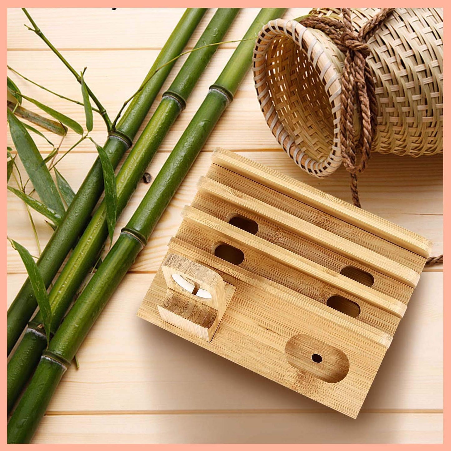 SETROVIC Bamboo Charging Station Docking Holder, Desktop Organizer for multiple device docks. Compatible with accessories for phone/tablet/Apple Watch/AirPods.