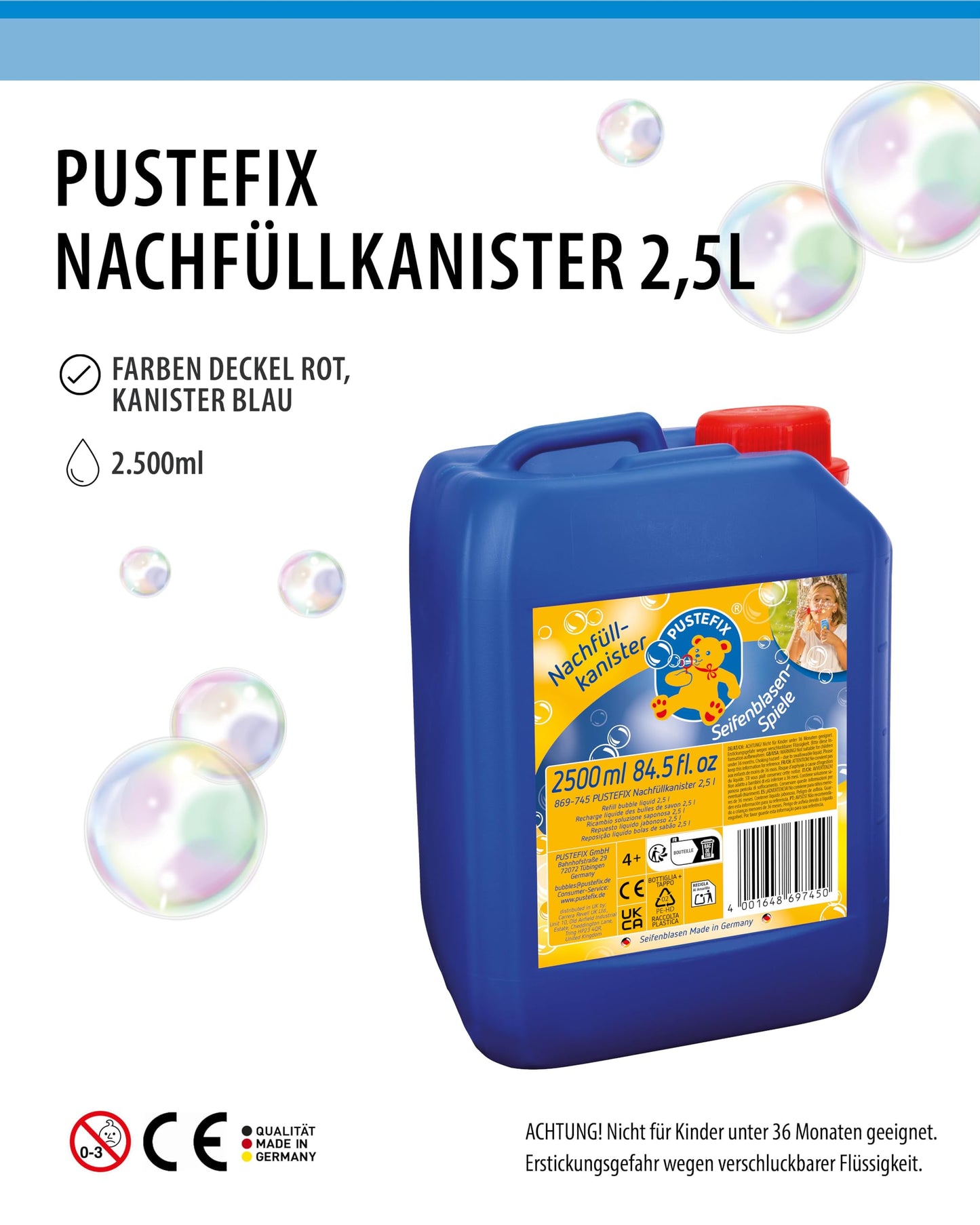 PUSTEFIX Bubble-Mower Lawn Mower & 2.5L Refill Canister I Fun Bubble Kids Set with Bubble Solution I Especially lots of Colorful Bubbles