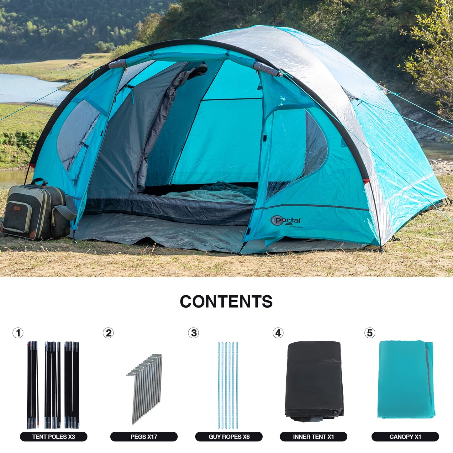 Portal tent for 3-4 people camping, waterproof with 4000mm dome tent and vestibule. Family tent, festival tent for camping, travel, garden.