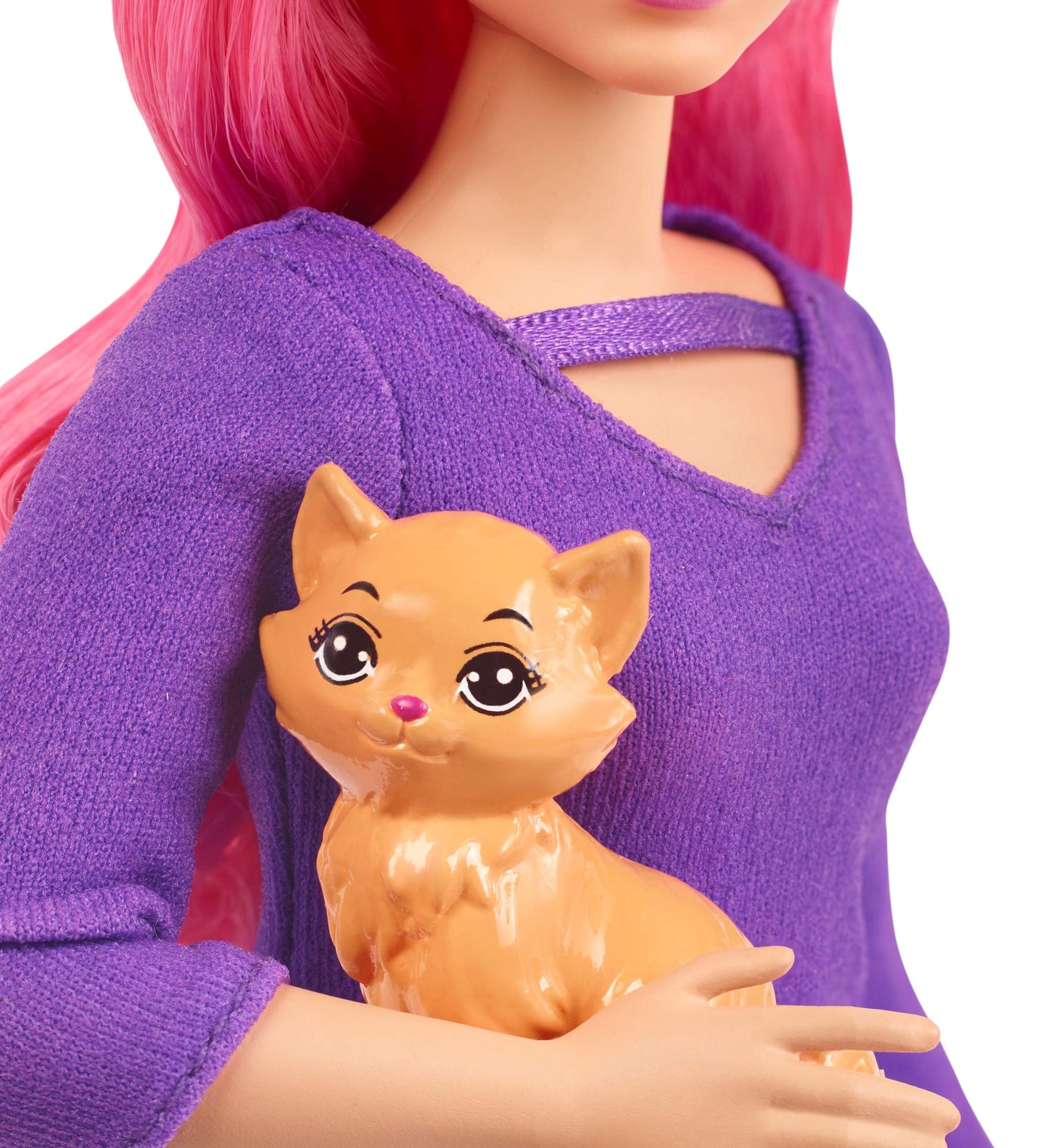 Barbie FWV26 doll Daisy (curvy with pink hair) and kitten, guitar, opening suitcase, stickers, and nine accessories, toy gift for children ages 3-7.