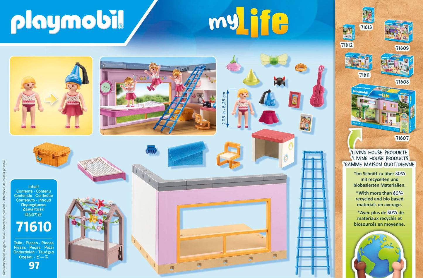 PLAYMOBIL MyLife 71610 Kids' Room, includes a girl figure and a sticker sheet, made from over 80% recycled and bio-based materials, diverse toys for children aged 4 and up.