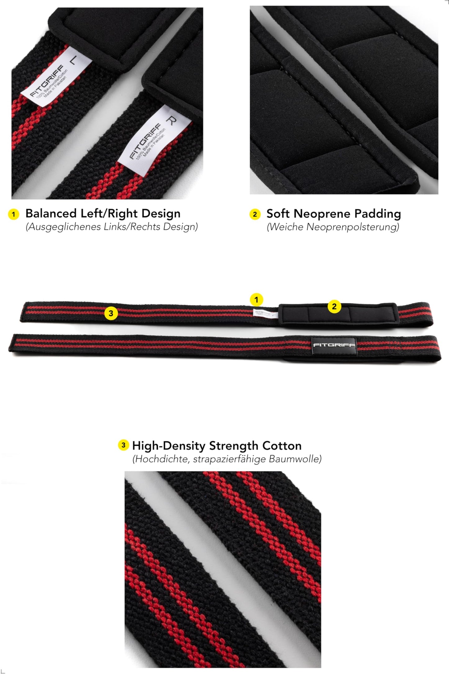 Fitgriff® wrist wraps + lifting straps (2 pack) - for strength training, fitness, bodybuilding, weightlifting, gym, powerlifting - for women and men (Black/Red)