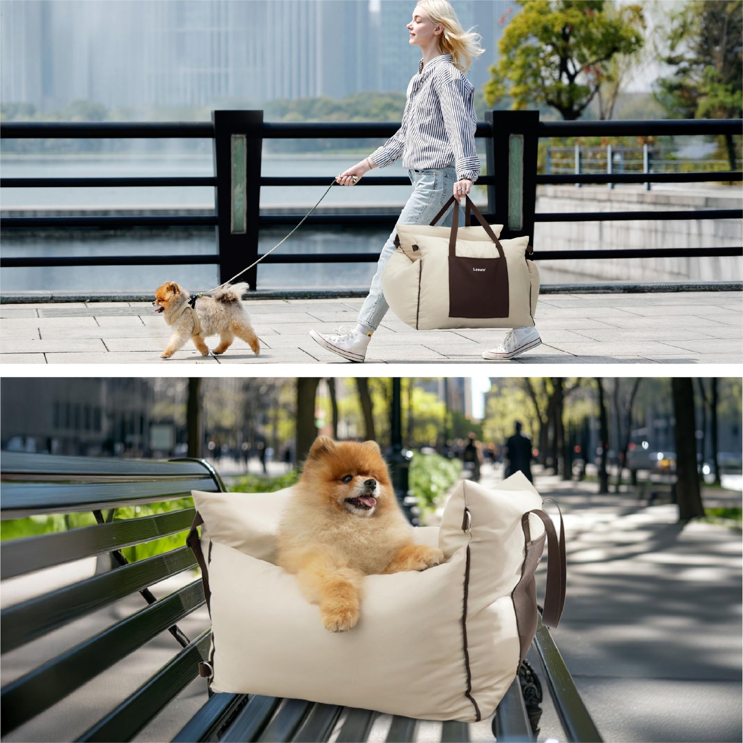 Lesure Dog Car Seat for Small Dogs - waterproof and washable dog car seat with storage pockets, detachable safety leash, and thickened memory foam filling, 58x56x33cm, Beige.