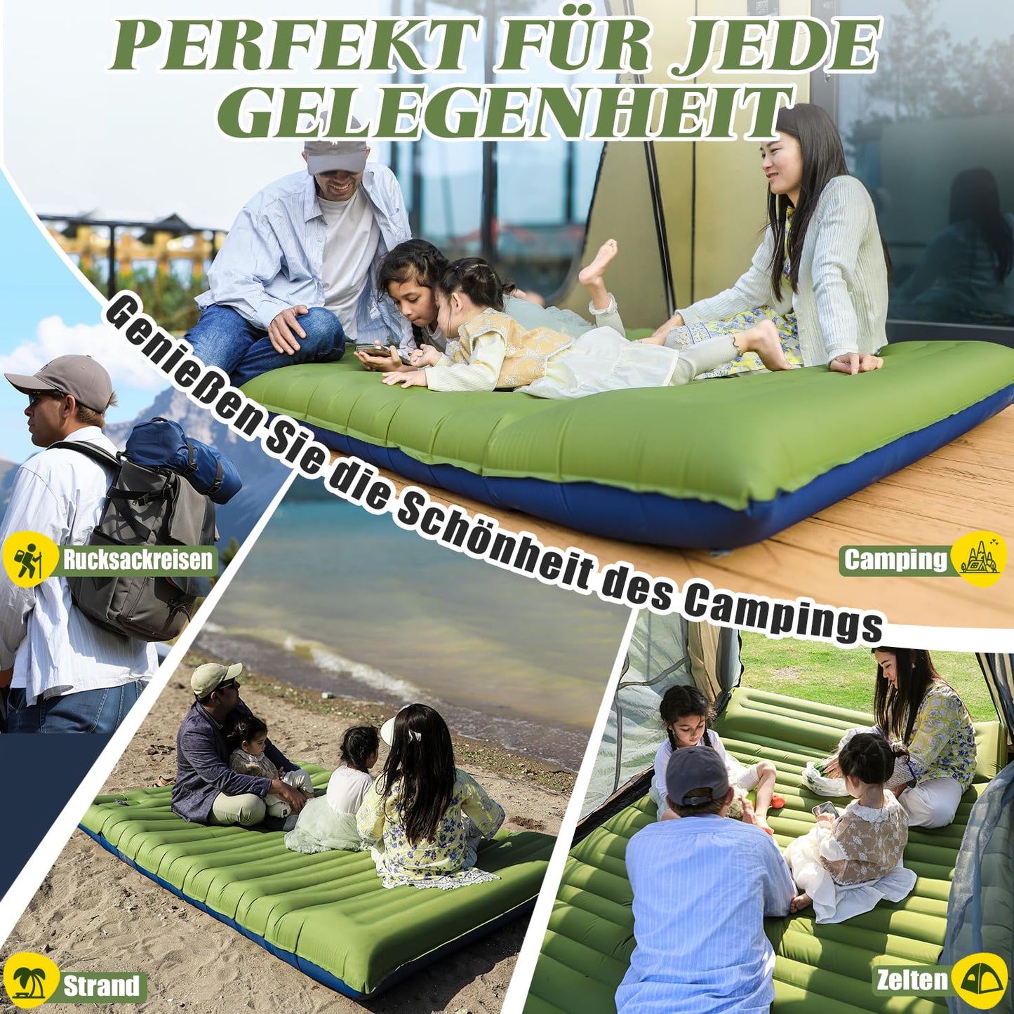 Myxslop self-inflating camping mat, 12CM double mattress, ultralight air mattress sleep mat for 2 people, compact size with foot pump & pillow for travel, outdoor, hiking, tent, beach.