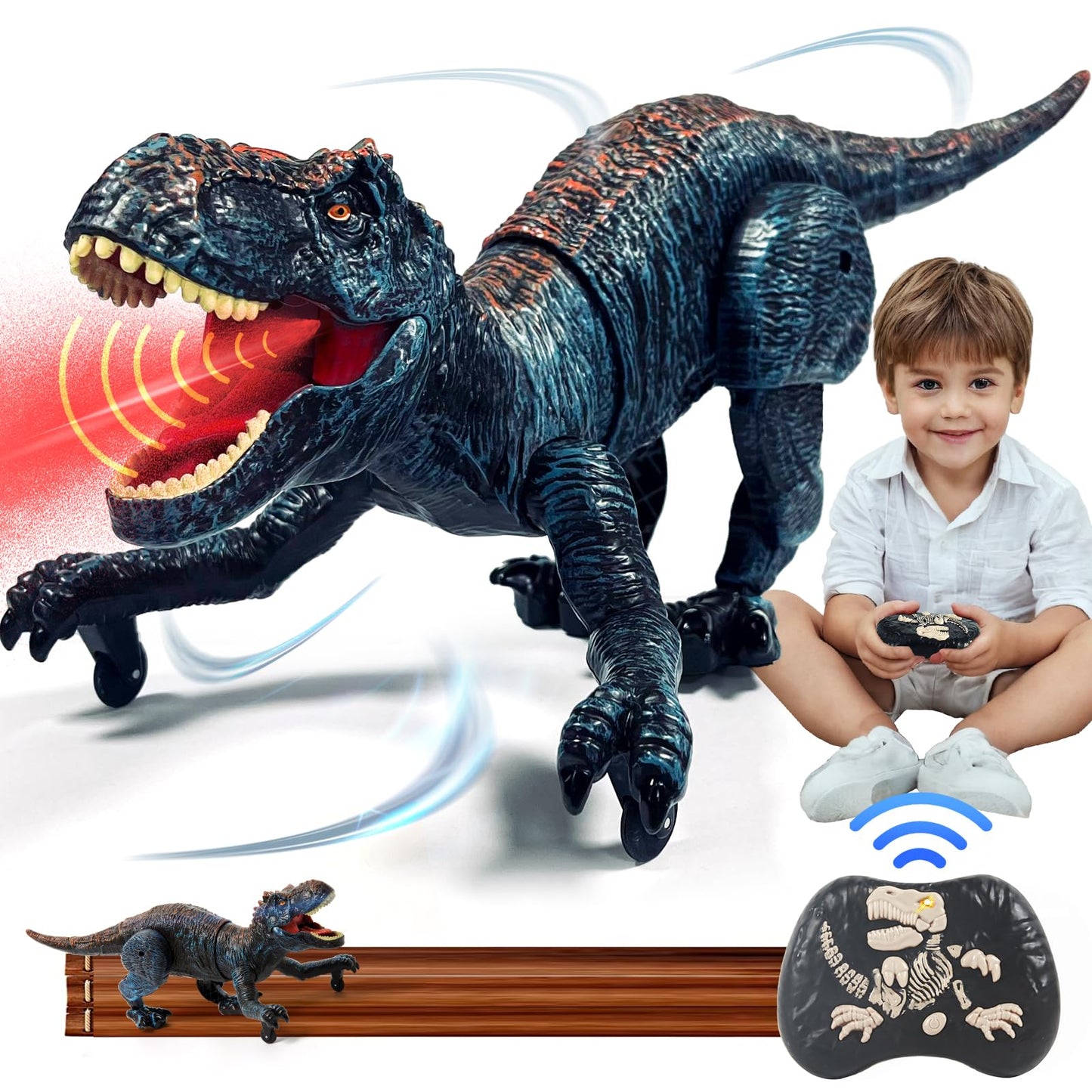 Sunrad Kids Remote Control Dinosaur Toy, Electronic T-Rex Dino Toy with Spray, Light, Roaring, Realistic Walking Movements, Gift for Boys and Girls.