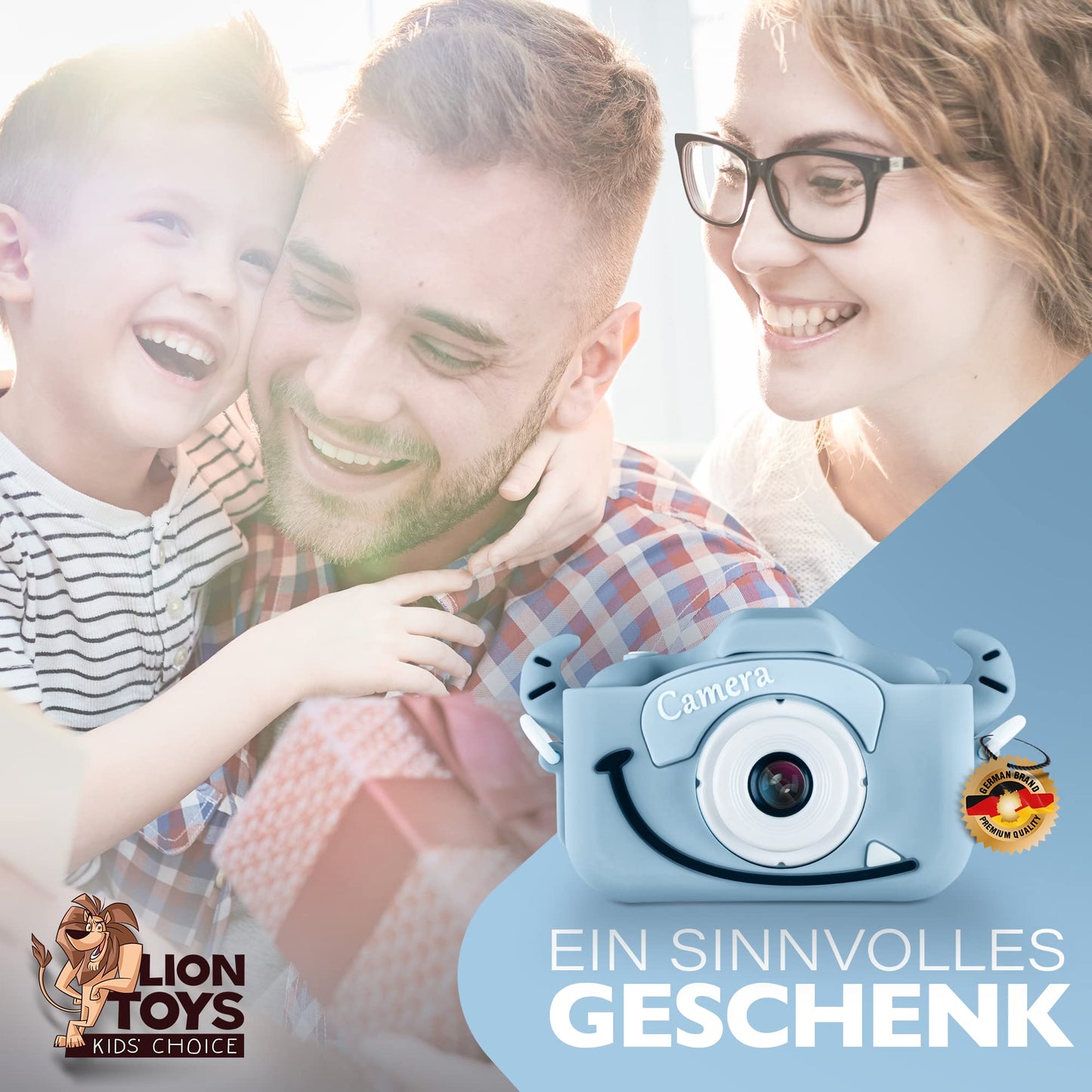 Lion Toys Kids Camera Blue | Photo camera with 32GB memory card, silicone protective case & fun effects | 18 megapixels | rechargeable | Easy operation for ages 3-12.