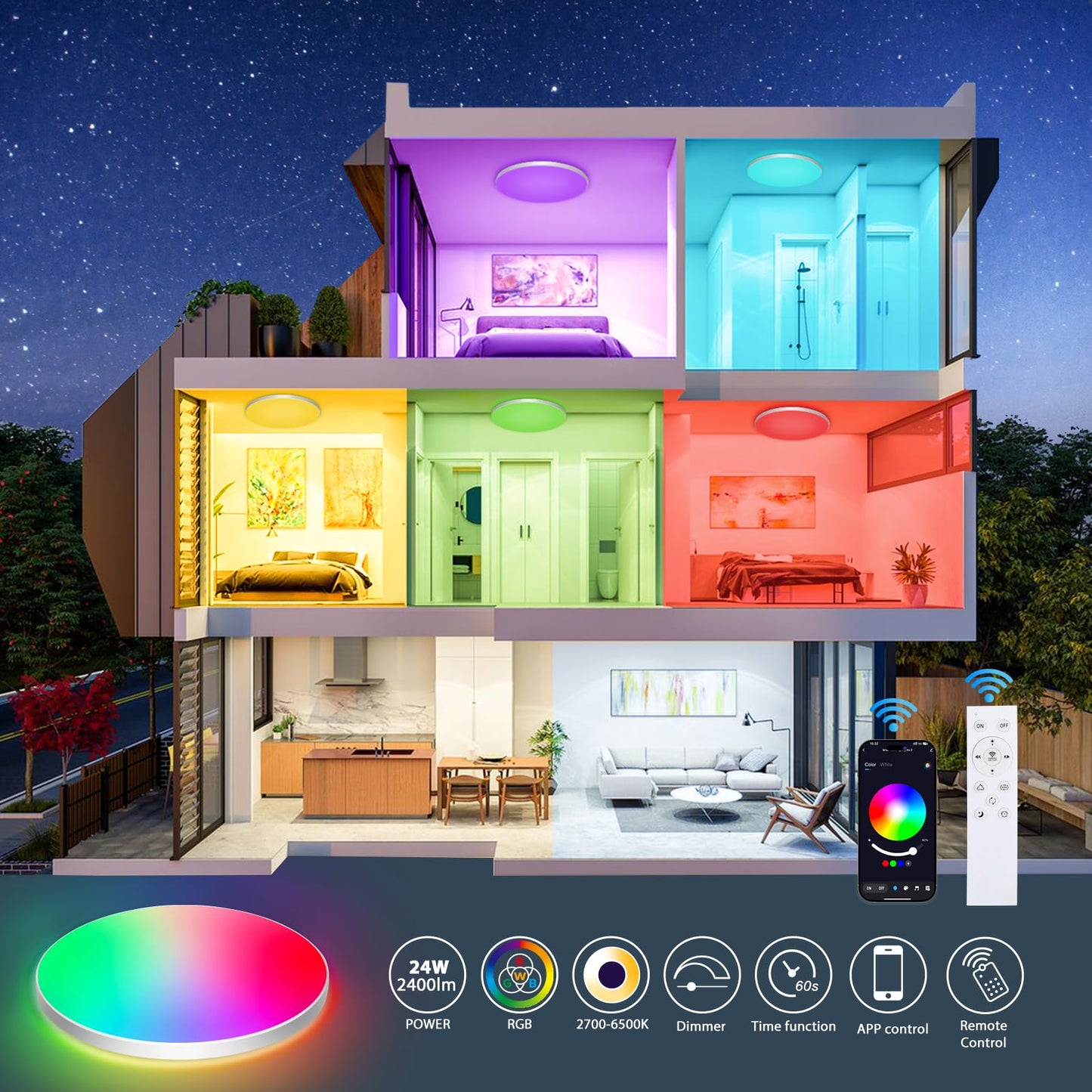 OPPEARL LED Ceiling Light Dimmable with Remote Control, 24W 16 Million RGB Color Changing Smart LED Ceiling Light Controllable via App, 2400LM Ceiling Lighting Ø30CM Lamp for Living Room Bedroom, White
