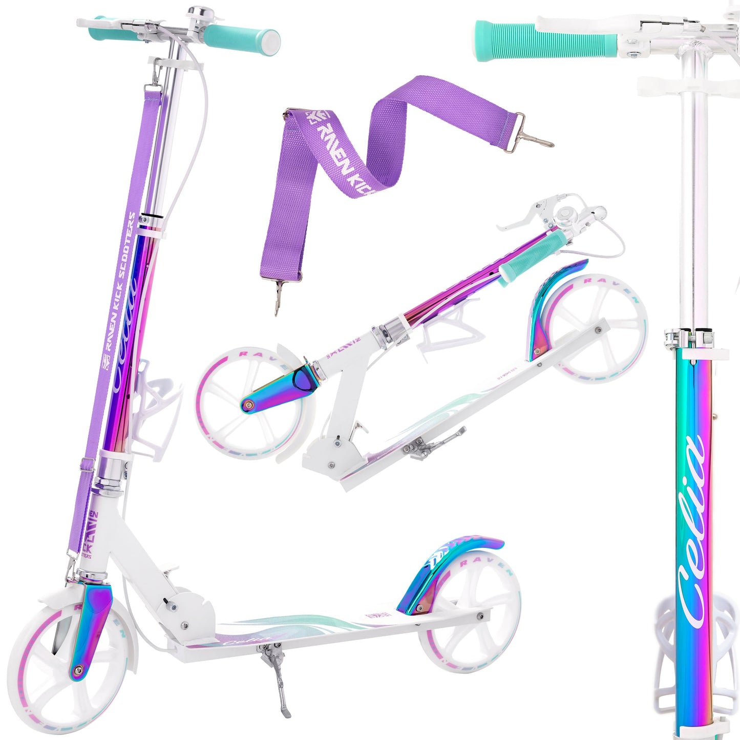 Raven Scooter Kick Scooter for Kids Adults | foldable | adjustable height | carrying strap | bell | bottle holder (Celia White with handbrake, 200mm)