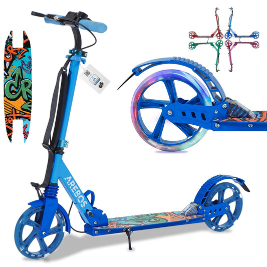 Arebos City scooter kick scooter blue adjustable in height | foldable | including carrying strap | LED wheels | hand-push brake | front-rear suspension | for kids & adults | supports up to 100kg | kick scooter
