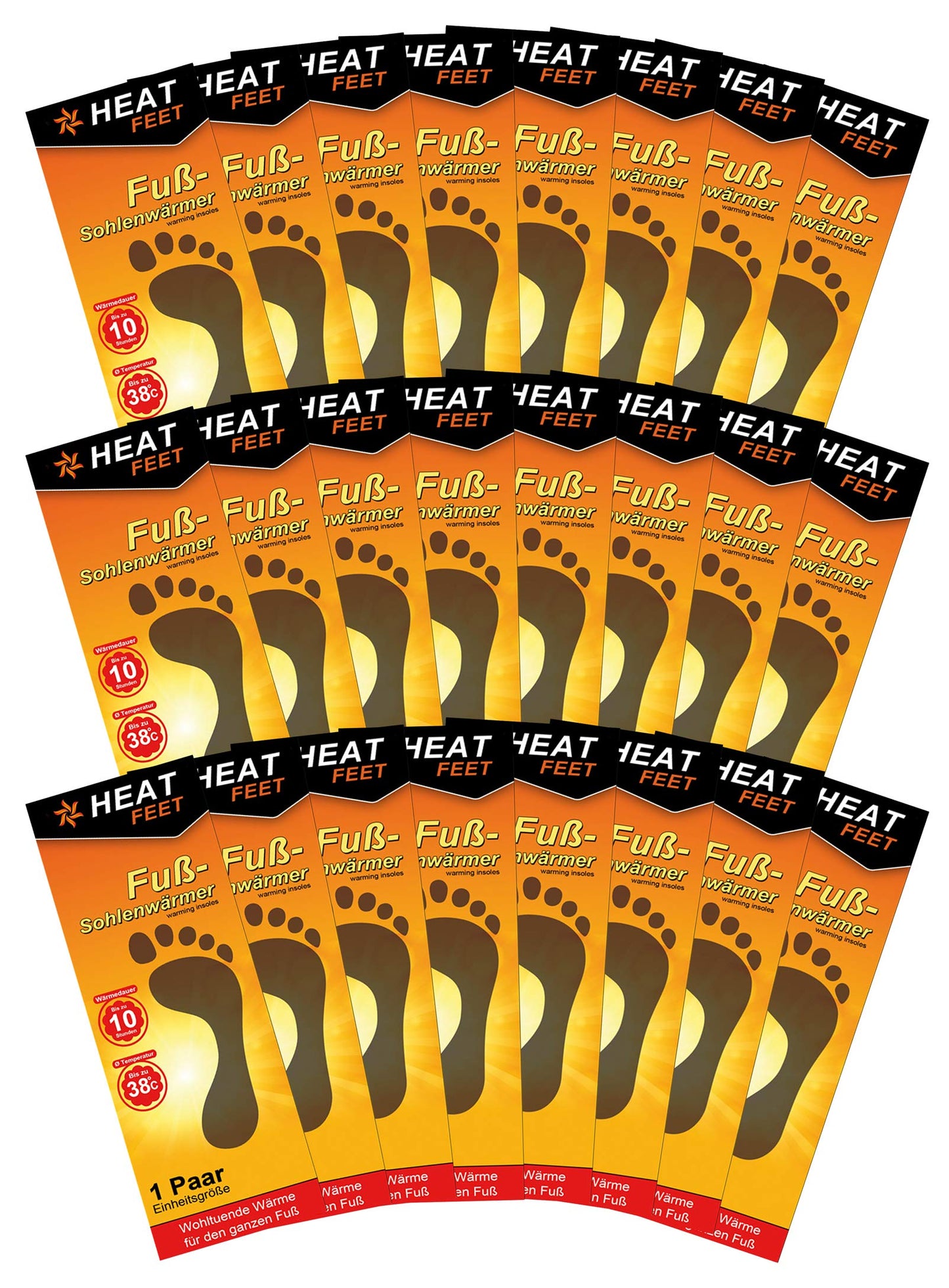 24 pairs of HEAT FEET thermal insoles, foot warmers, heated soles, warm inserts for cold feet during winter sports, outdoor activities, and Christmas markets.