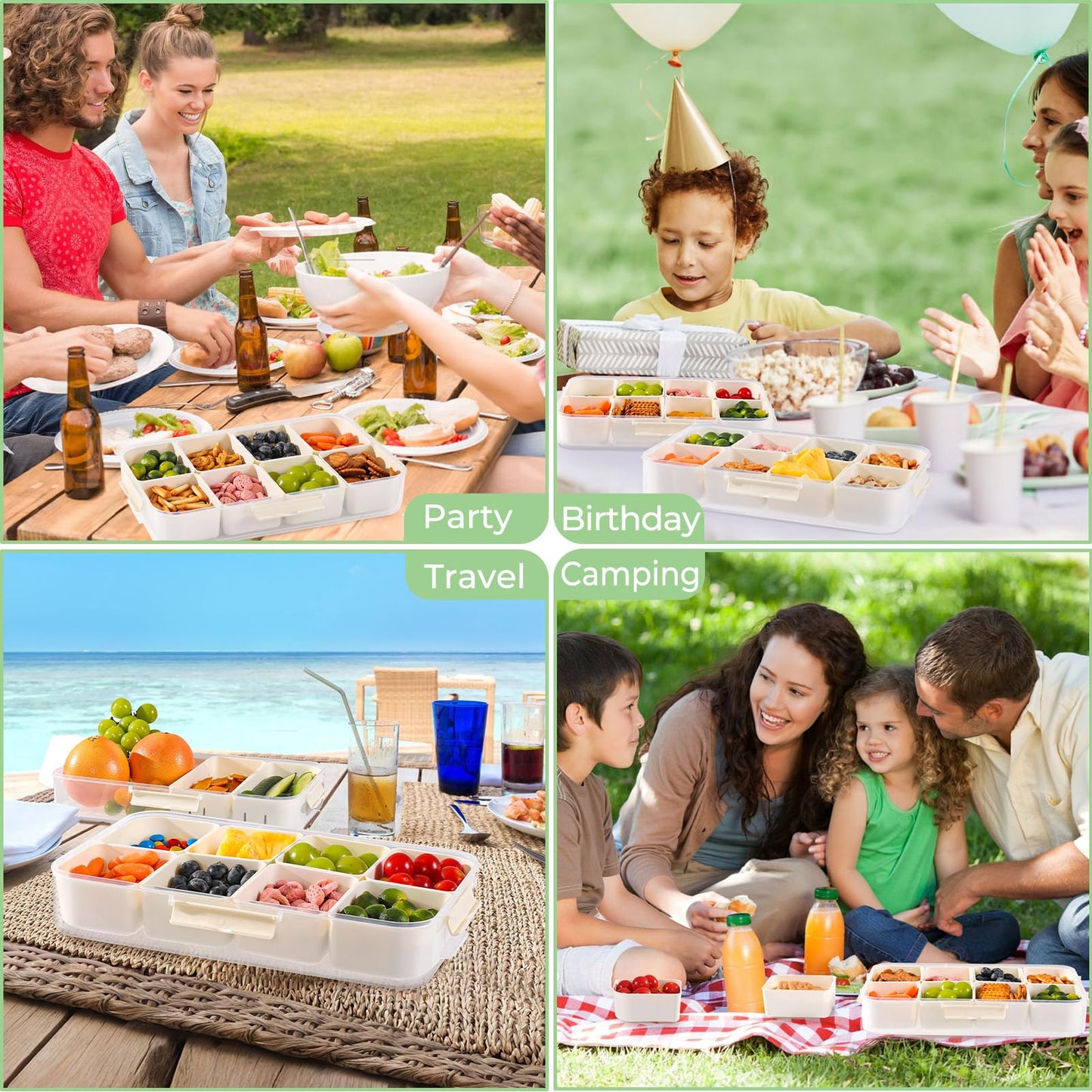 Luxear snackbox with 14 compartments, 2 sets of snack plates with lid and handle, reusable snack bowl for kids, snack container organizer for snacks, nuts, fruits, spices, for parties, picnics, dishwasher safe.