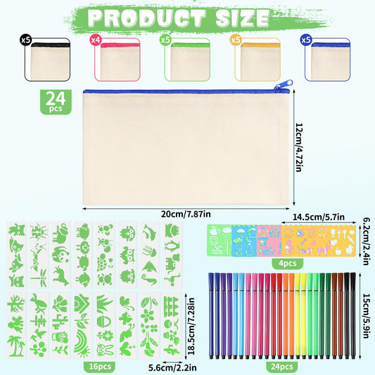 Votoko 24 Pack DIY Fabric Pencil Case, Canvas Pencil Case for Painting, Pouch for Painting, 24 Colored Pencils, 20 DIY Painting Stencils, DIY Blank Fabric Bag for Cosmetic Bag Painting 21x12 cm.