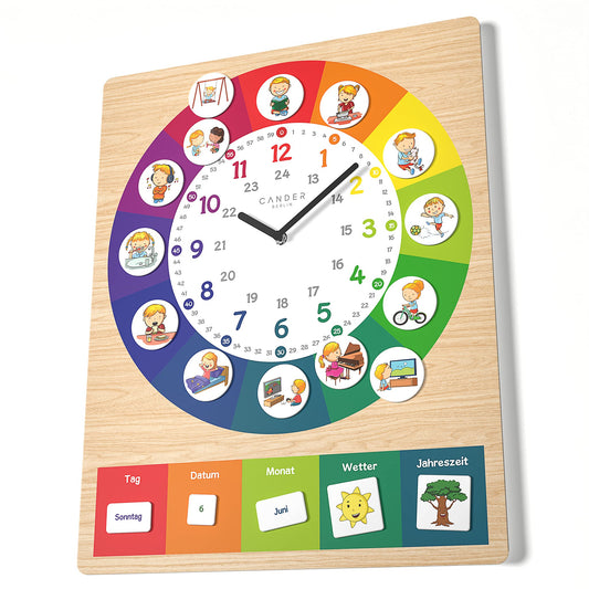 Cander Berlin MNU 11835 R Children's Wall Clock silent 40 x 30 cm noiseless Magnet Pictures Children's Room Daily Routine Wooden design Learning clock Children's room analog without ticking Girls Boys