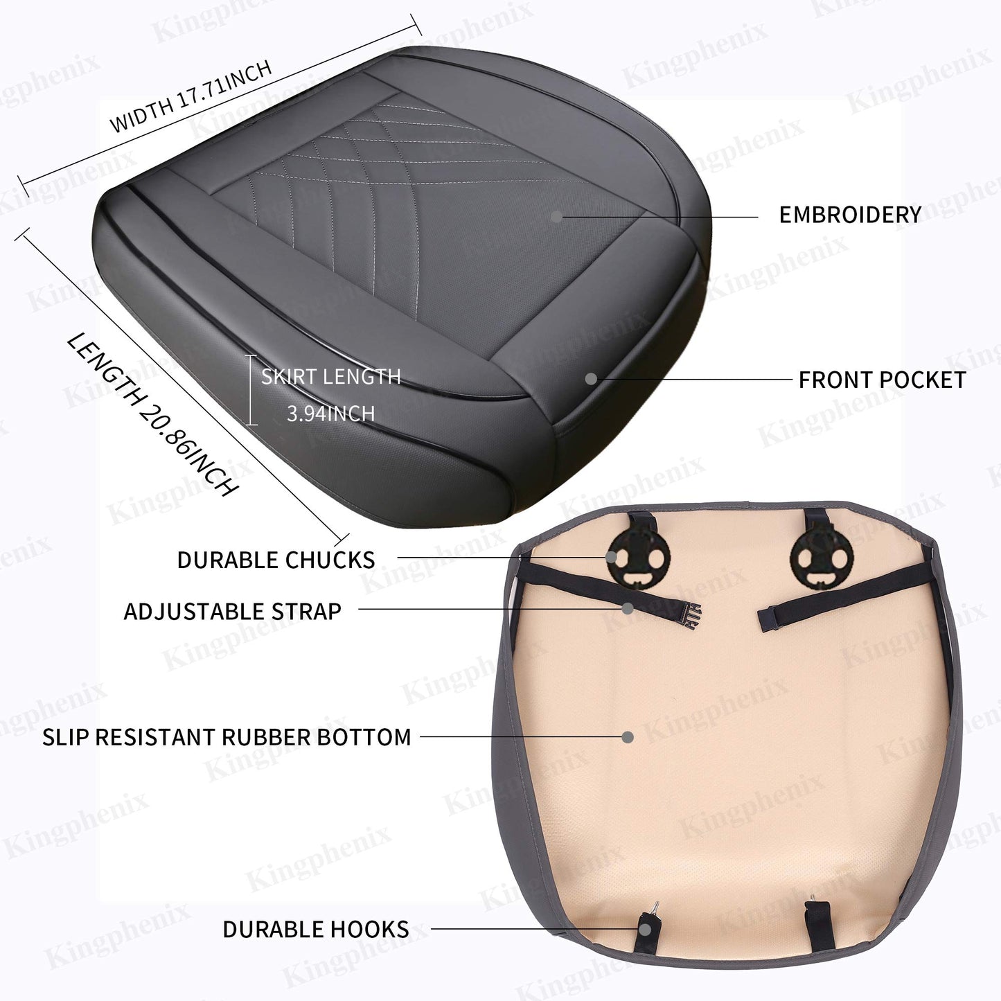 Kingphenix Premium PU car seat cover, front seat protection, compatible with 95% of all vehicles, padded, non-slip, full wrap edge, dimensions: 53.3 x 51.8 cm, 1 piece (grey)