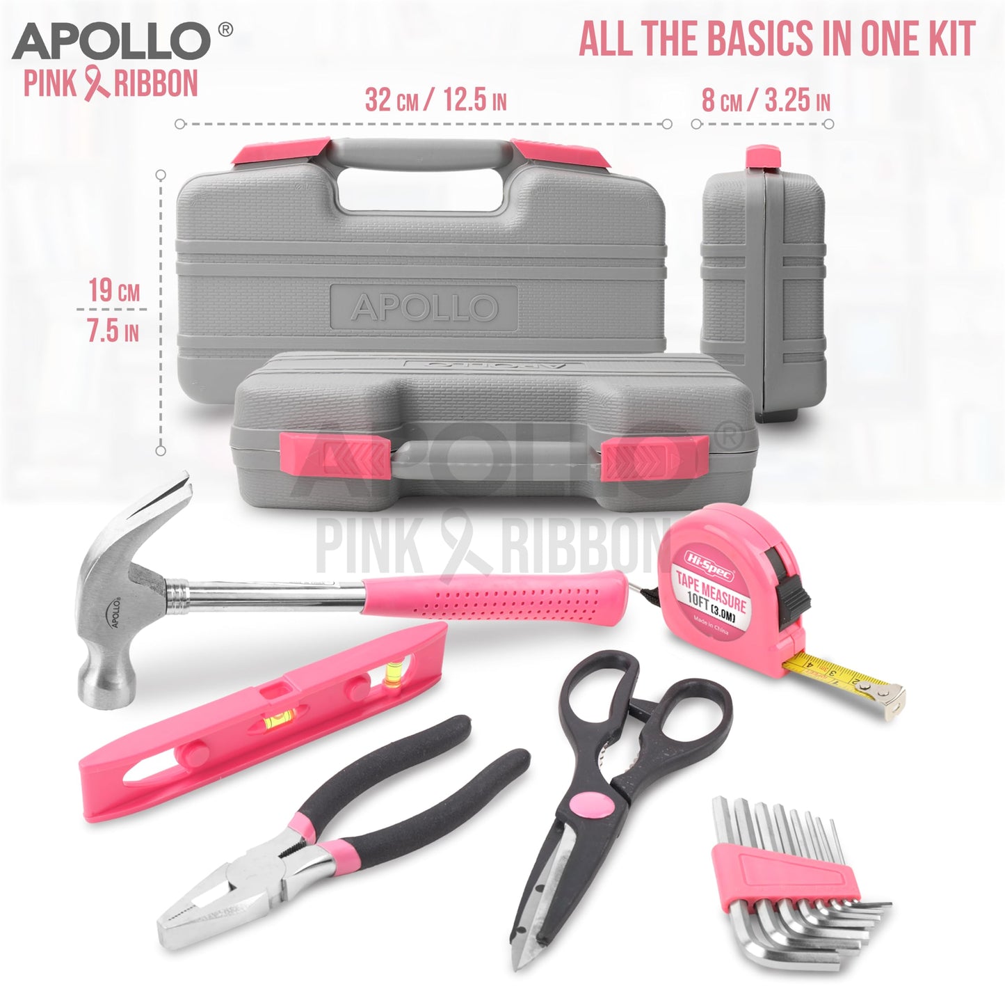 Apollo Pink Women's Tool Kit Small, 39-piece tool set for the household, tool kit set with tools in pink, including hammer and screwdriver set - Ideal gift for women.