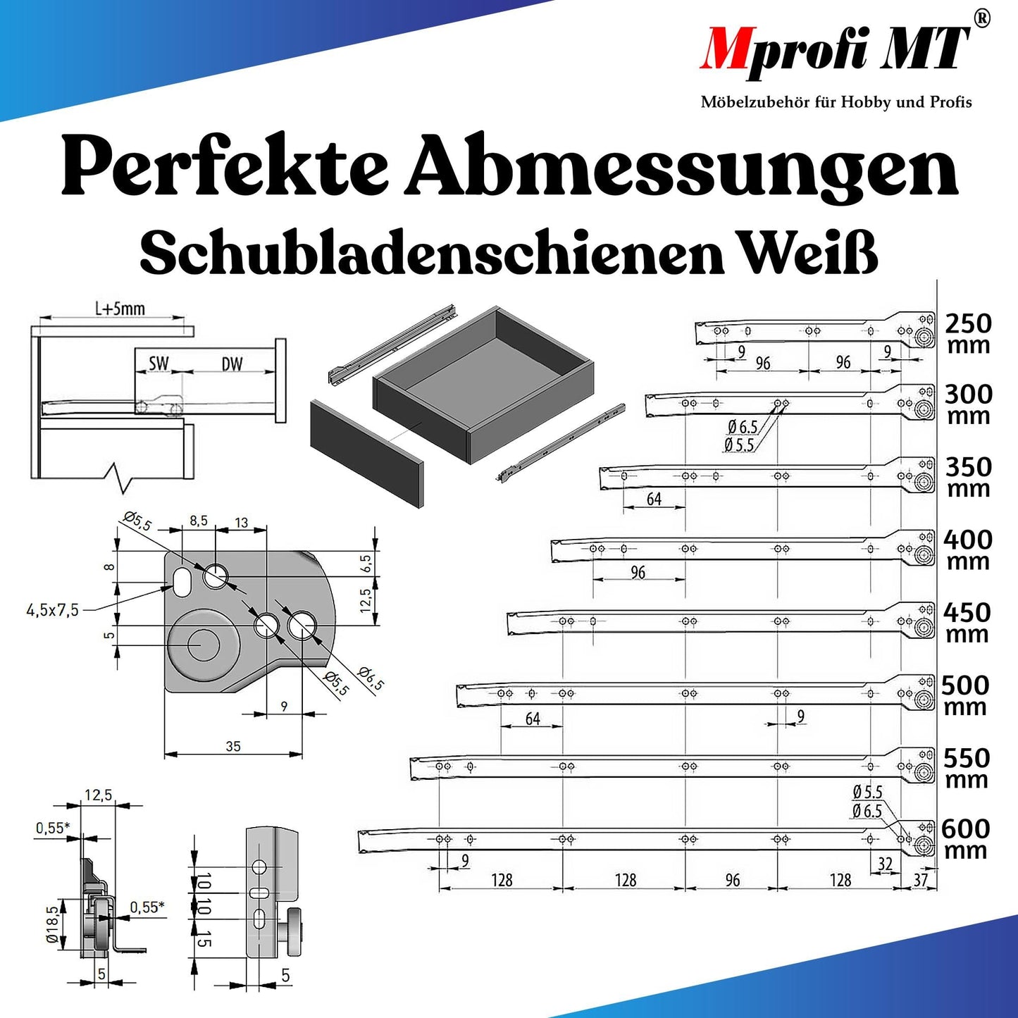 Mprofi MT® 20 pieces, 10 pairs | Drawer slides partial extension | 550mm length | Robust steel drawer slide | 30 kg load capacity | Easy installation for furniture & cabinets | White | VB550/10